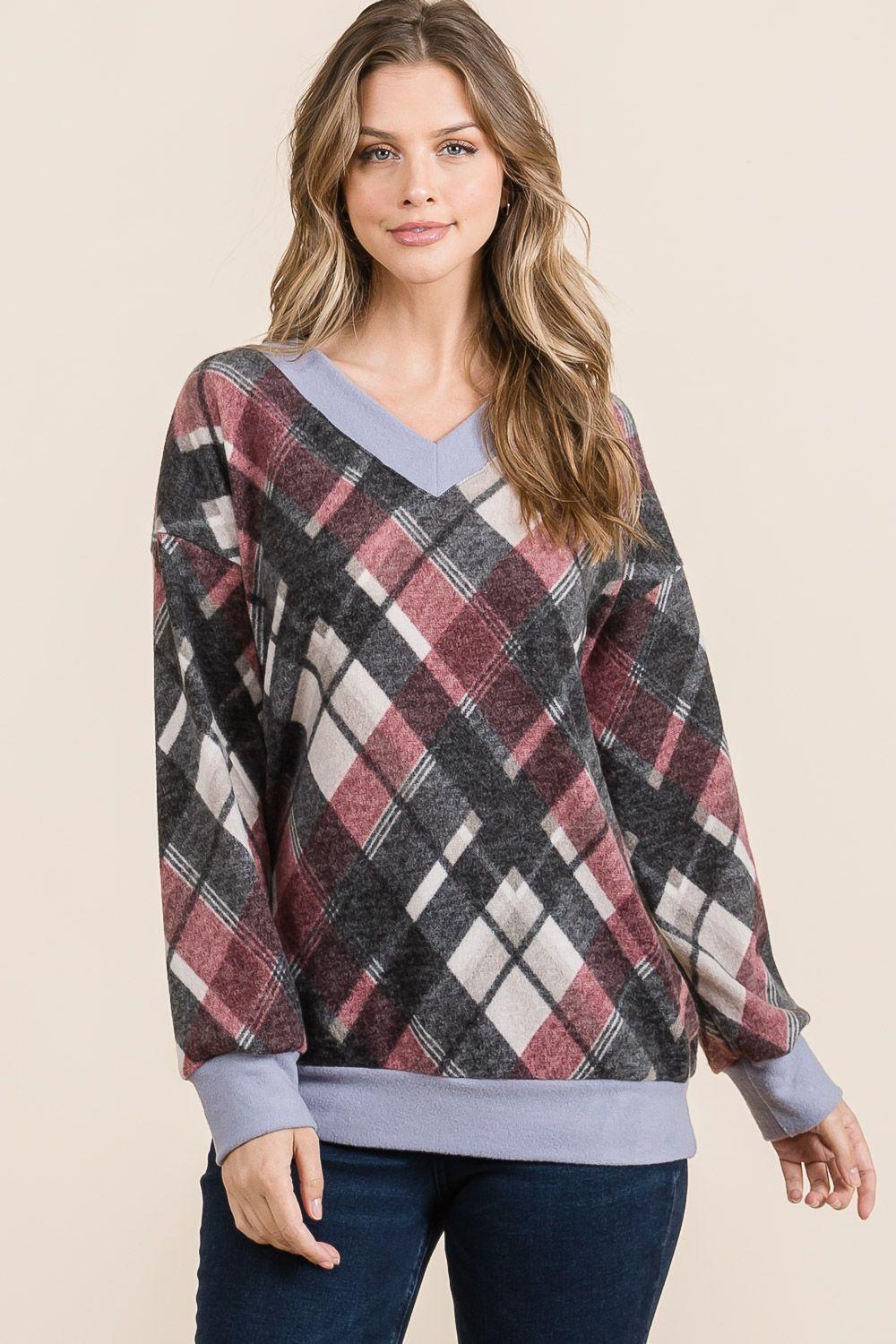 Celeste Plaid V-Neck Long Sleeve T-Shirt-TOPS / DRESSES-[Adult]-[Female]-Plaid-S-2022 Online Blue Zone Planet