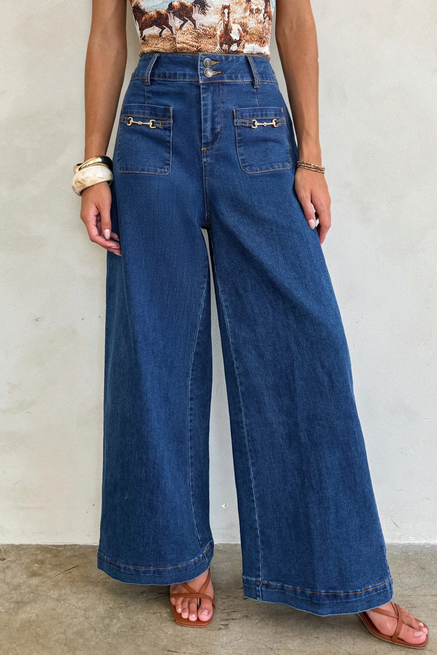 Sail Blue Hardware Decor Patched Pockets Wide Leg Denim Pants-Bottoms/Pants & Culotte-[Adult]-[Female]-Sail Blue-4-2022 Online Blue Zone Planet