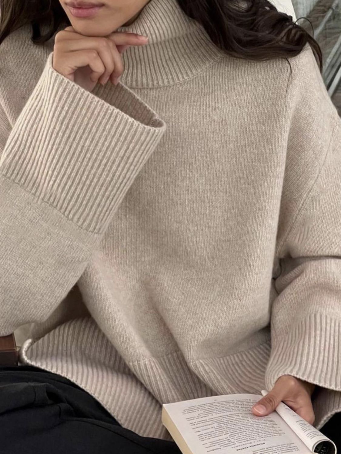 Side Slit Turtleneck Drop Shoulder Sweater-TOPS / DRESSES-[Adult]-[Female]-Khaki-One Size-2022 Online Blue Zone Planet