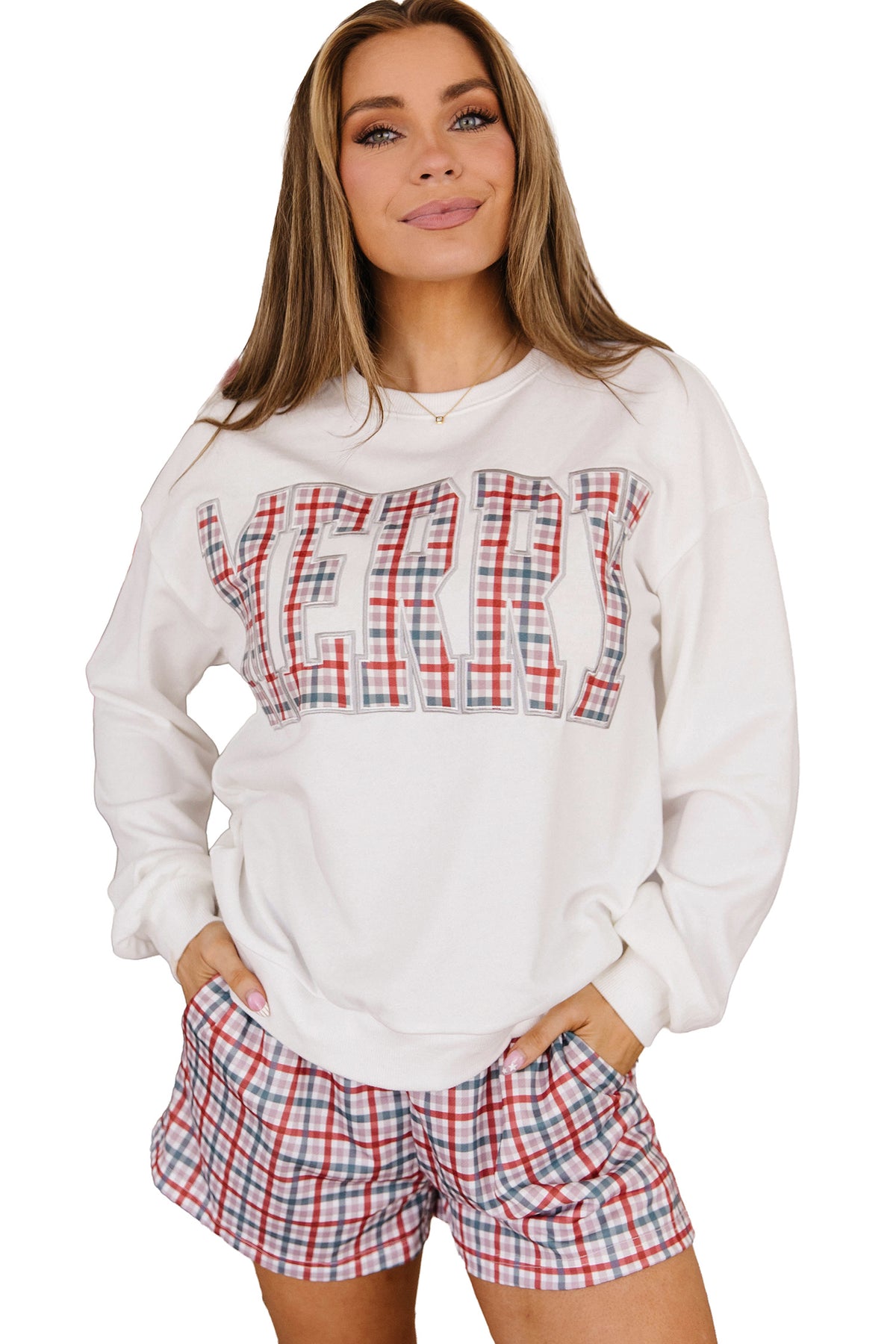 Multicolour Plaid MERRY Holiday Long Sleeve Top and Shorts Set-Two Piece Sets/Short Sets-[Adult]-[Female]-2022 Online Blue Zone Planet