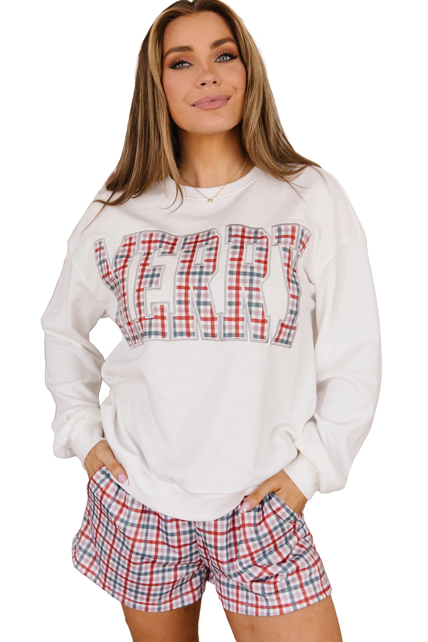 Multicolour Plaid MERRY Holiday Long Sleeve Top and Shorts Set-Two Piece Sets/Short Sets-[Adult]-[Female]-2022 Online Blue Zone Planet