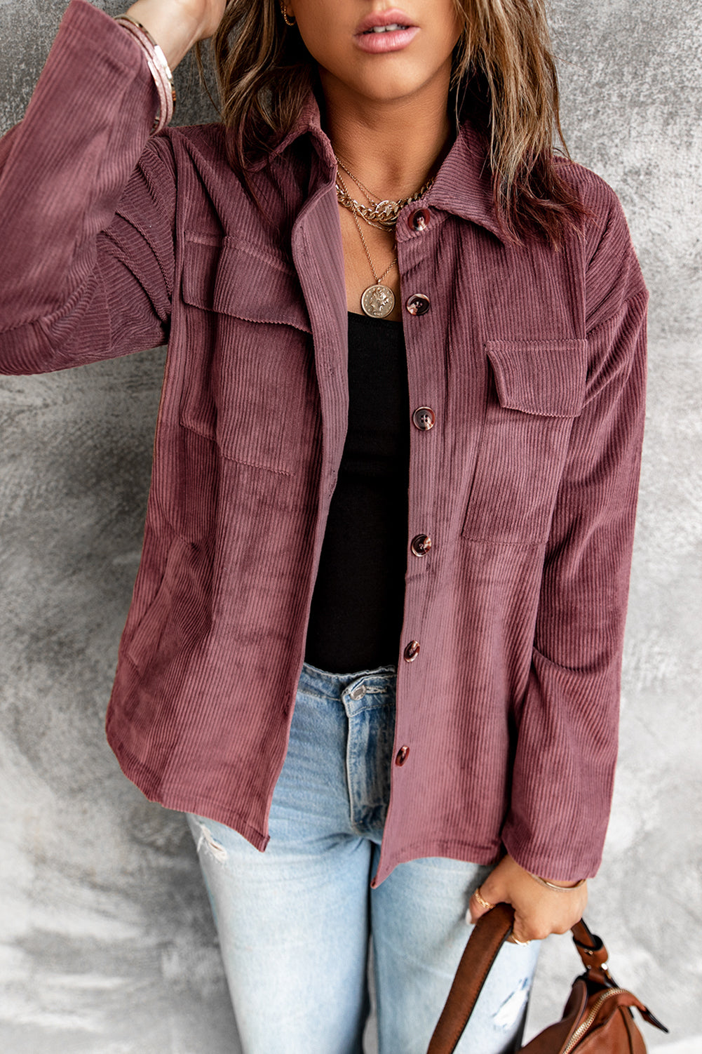 Purple Red Pocketed Button Ribbed Textured Shacket-Outerwear/Jackets-[Adult]-[Female]-Brown-S-2022 Online Blue Zone Planet