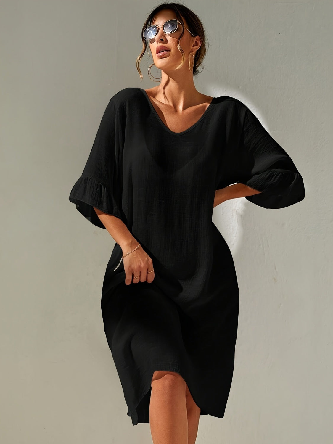 Slit V-Neck Flounce Sleeve Cover-Up-TOPS / DRESSES-[Adult]-[Female]-Black-S-2022 Online Blue Zone Planet