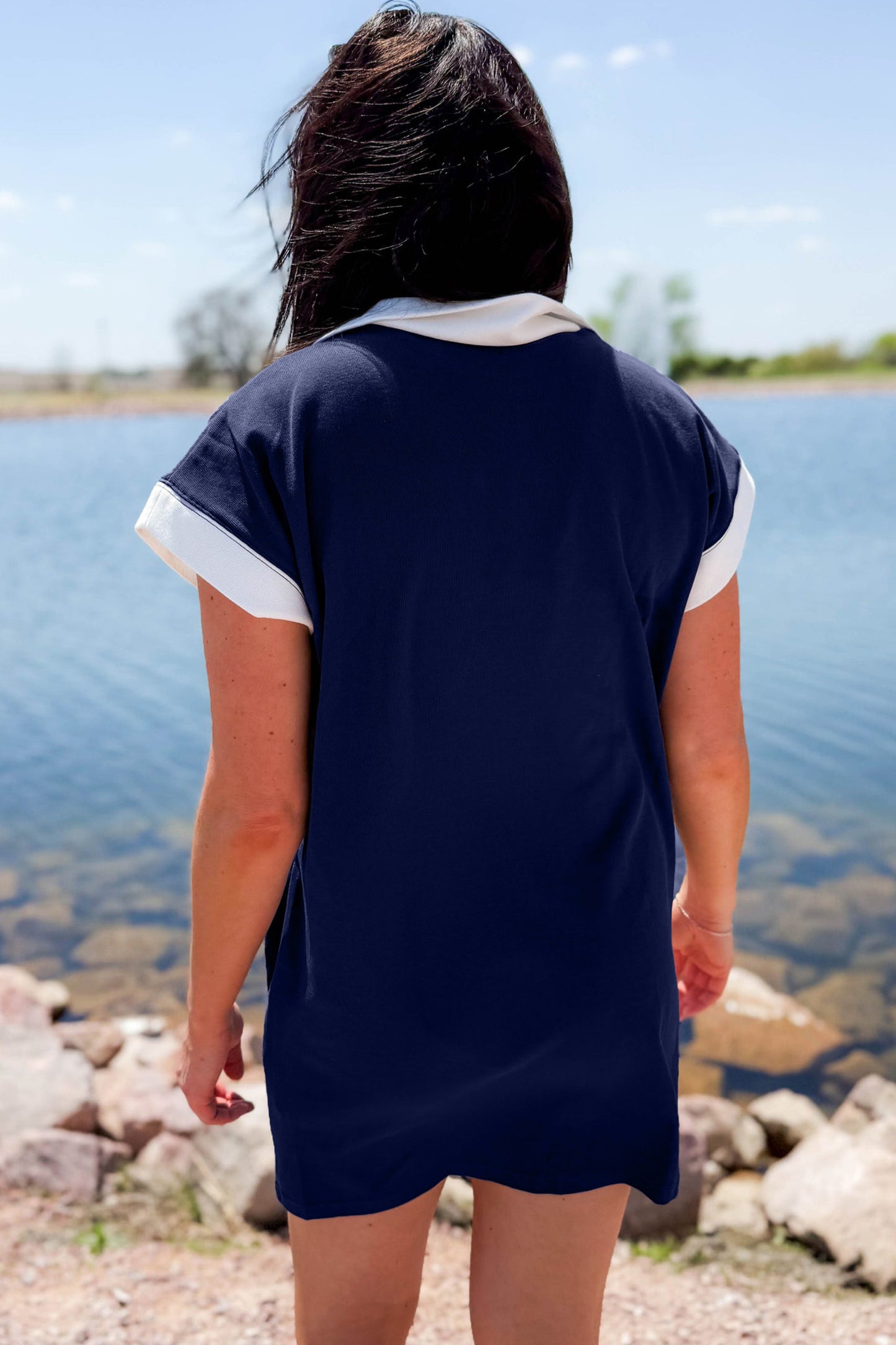 Navy Blue Americana Colorblock Stripes Zip up Collared T Shirt Mini Dress-TOPS / DRESSES-[Adult]-[Female]-2022 Online Blue Zone Planet