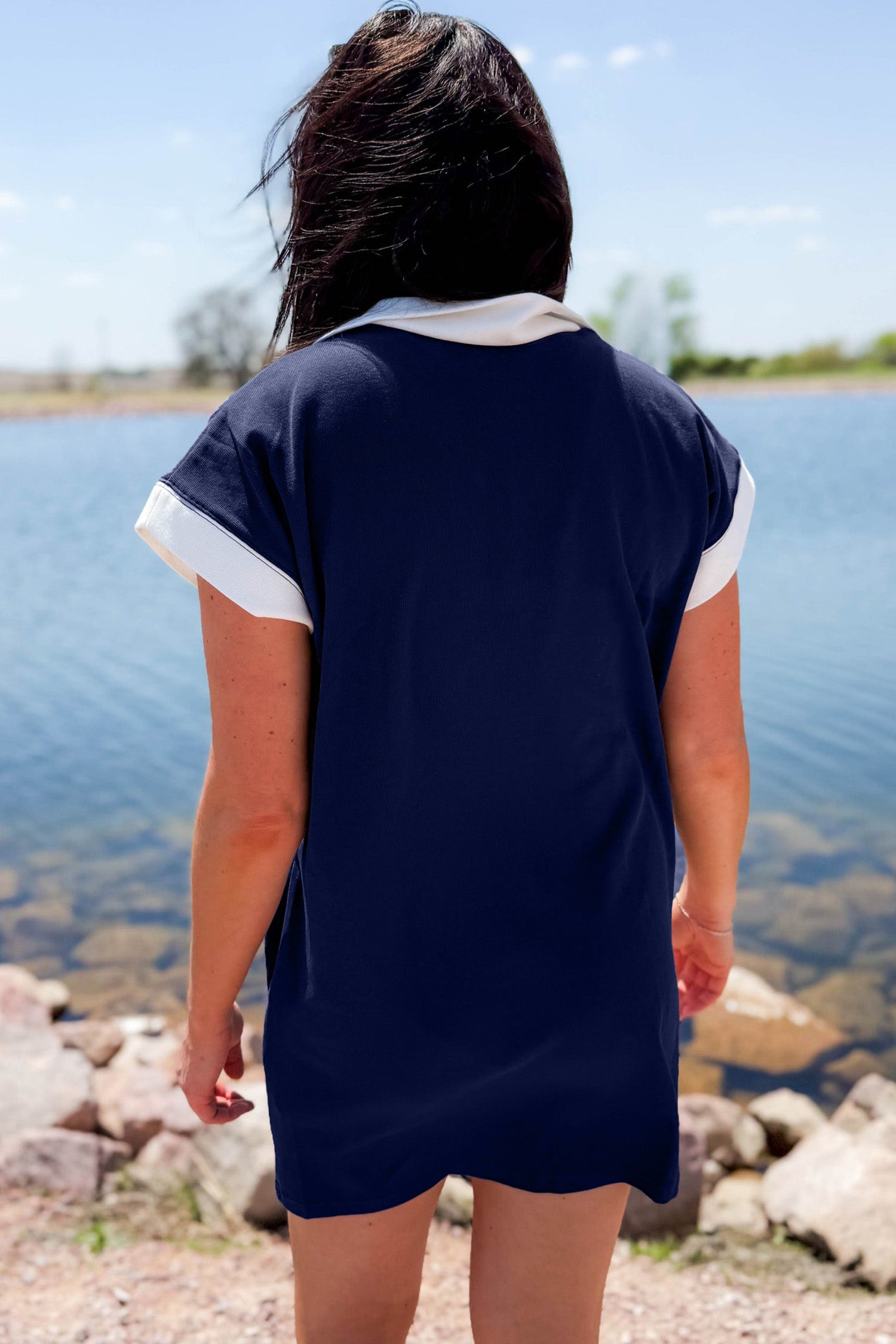 Navy Blue Americana Colorblock Stripes Zip up Collared T Shirt Mini Dress-TOPS / DRESSES-[Adult]-[Female]-2022 Online Blue Zone Planet