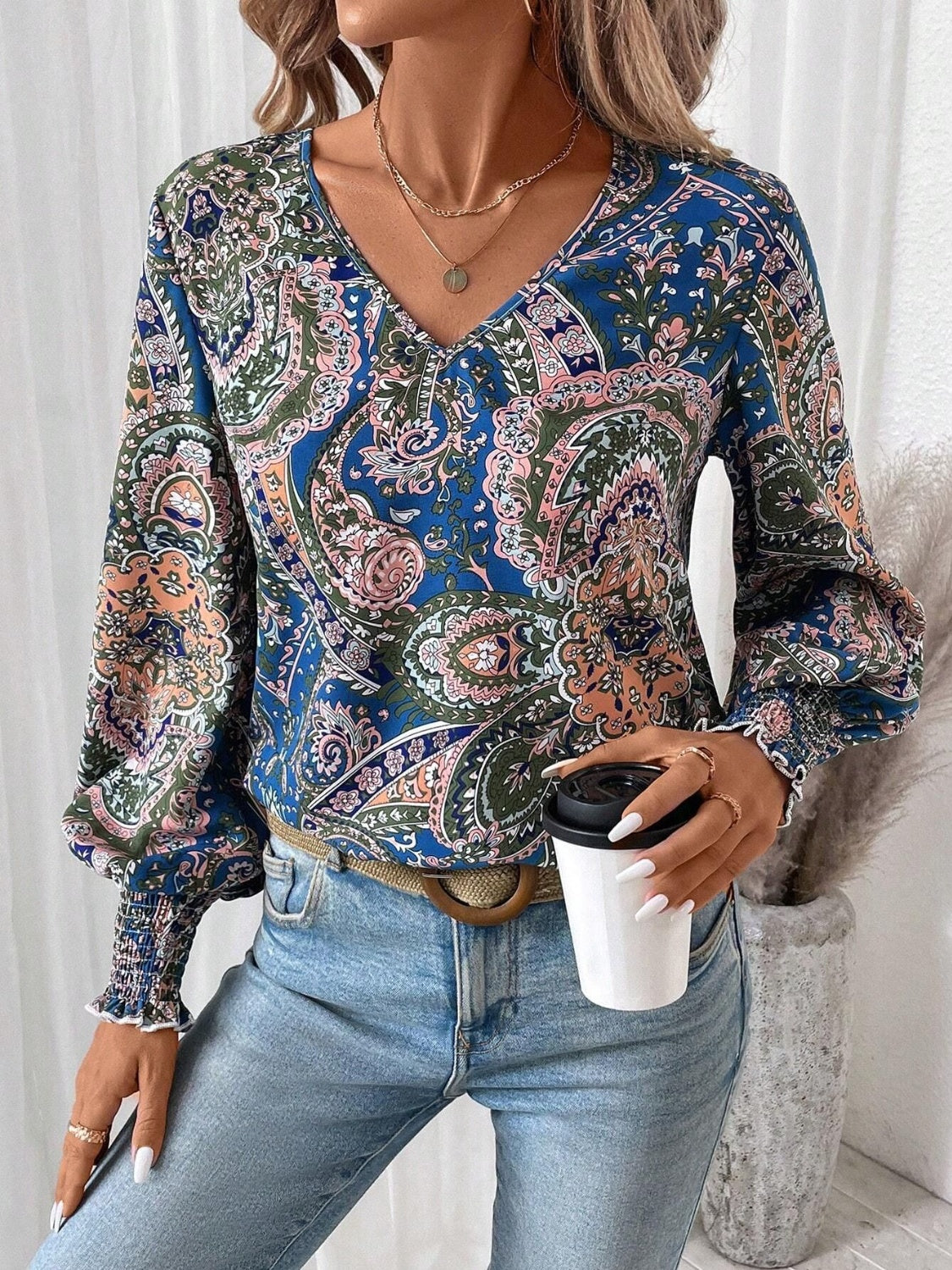 Printed V-Neck Lantern Sleeve Top-TOPS / DRESSES-[Adult]-[Female]-2022 Online Blue Zone Planet