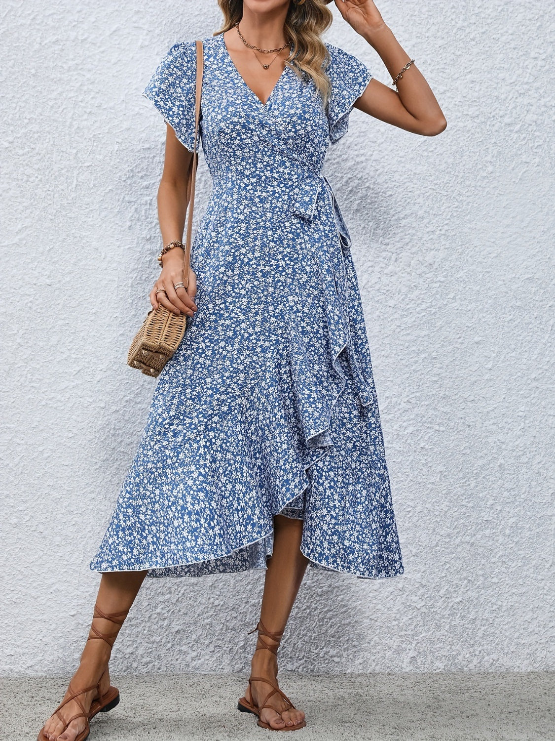 Printed Surplice Flutter Sleeve Midi Dress-TOPS / DRESSES-[Adult]-[Female]-2022 Online Blue Zone Planet