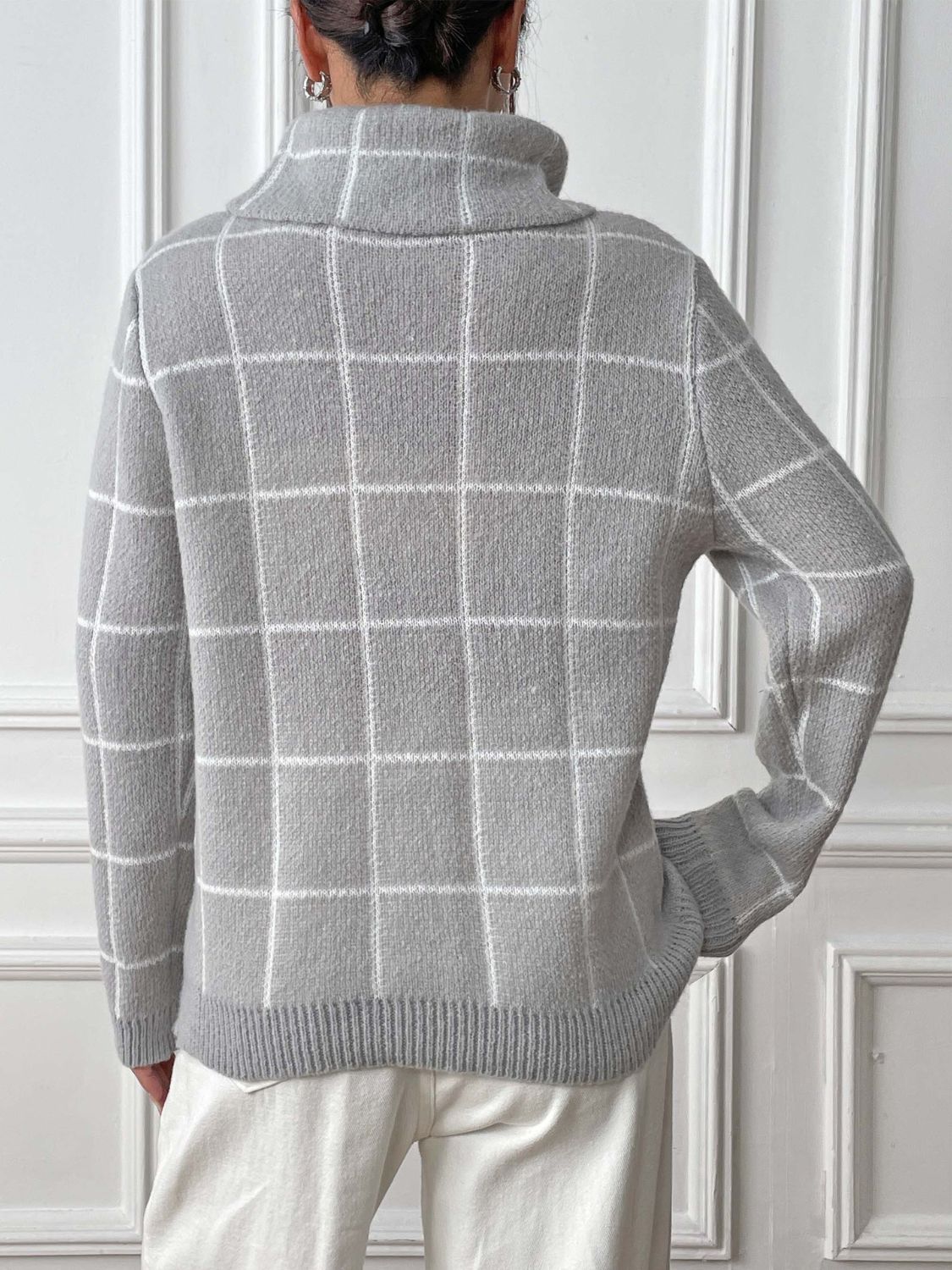 Heart Plaid Turtleneck Long Sleeve Sweater-TOPS / DRESSES-[Adult]-[Female]-2022 Online Blue Zone Planet