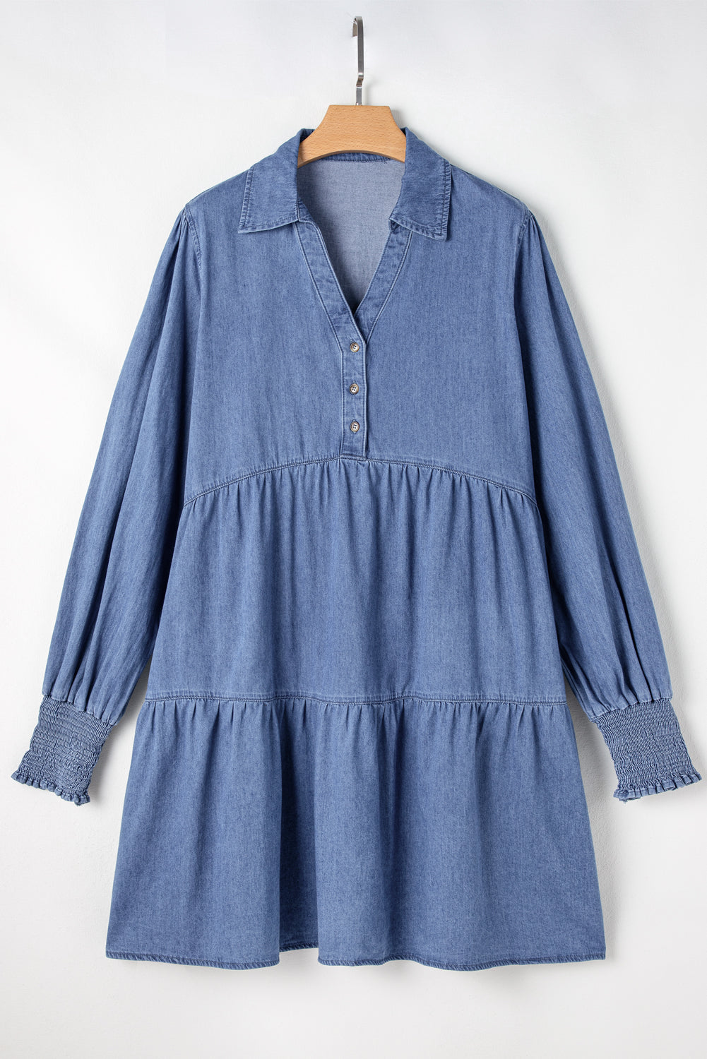 Blue Zone Planet | Dusk Blue Smocked Cuff Buttoned Tiered Denim Mini Dress-TOPS / DRESSES-[Adult]-[Female]-2022 Online Blue Zone Planet