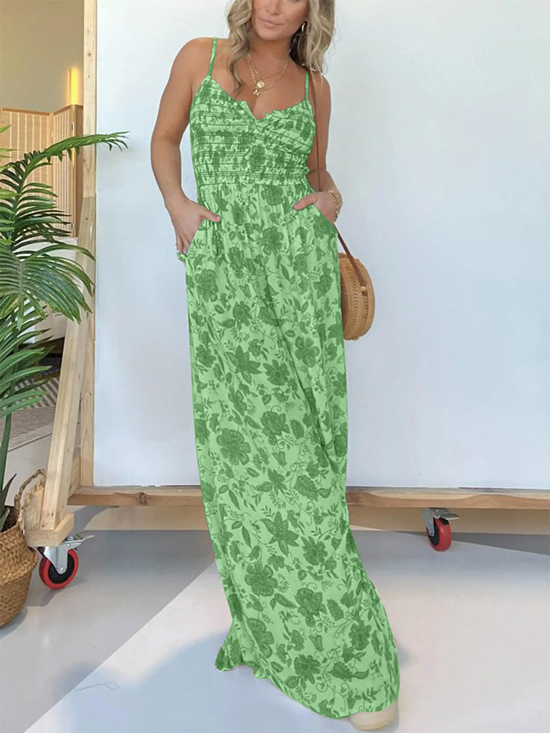 Full Size Printed Spaghetti Strap Wide Leg Jumpsuit-TOPS / DRESSES-[Adult]-[Female]-Green-S-2022 Online Blue Zone Planet