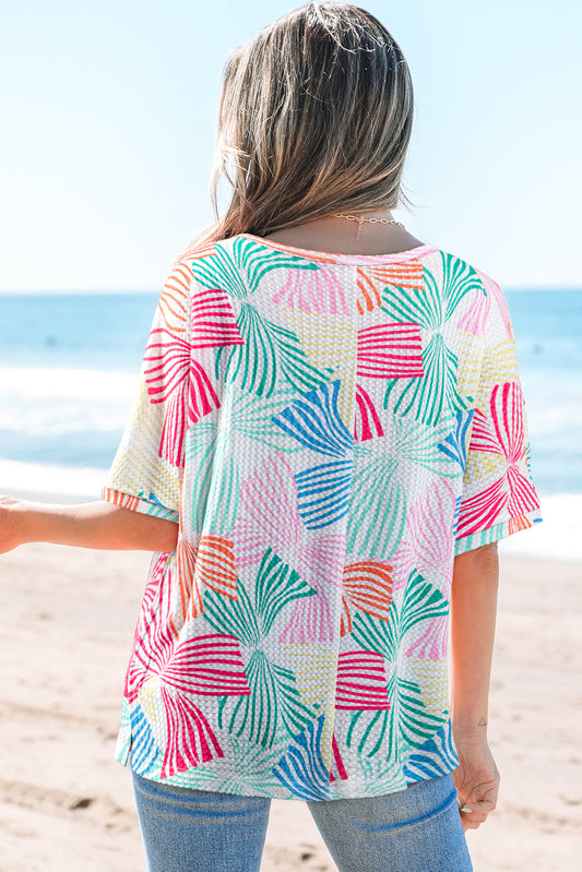 Multicolour Bowknot Printed Waffle Crewneck Loose Short Sleeve Top-Tops/Tops & Tees-[Adult]-[Female]-2022 Online Blue Zone Planet