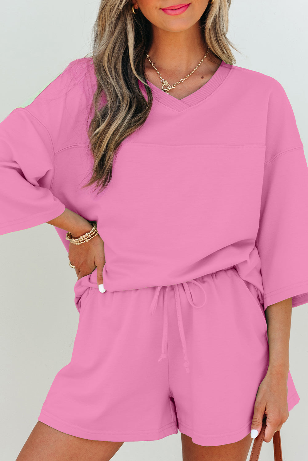 Bonbon Solid Loose V Neck Half Sleeve Tee and Shorts-Two Piece Sets/Short Sets-[Adult]-[Female]-2022 Online Blue Zone Planet