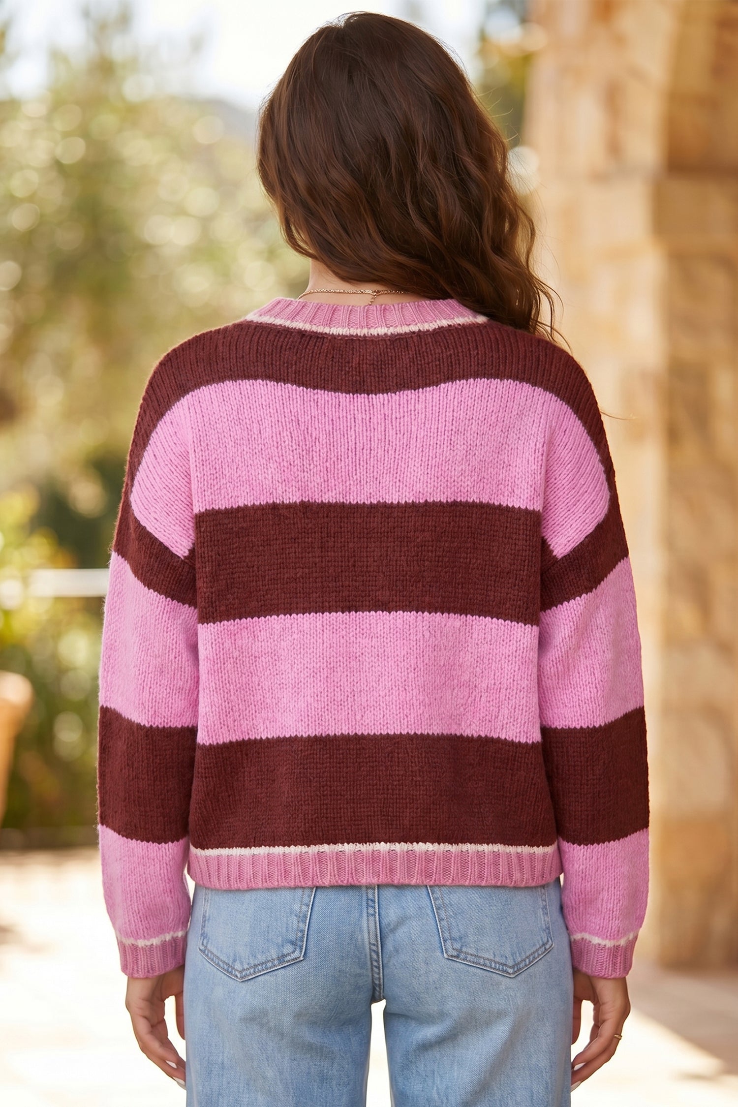 Pink Stripe Striped Drop Shoulder Long Sleeve Pullover Regular Fit Knit Sweater-Sweaters & Cardigans/Sweaters-[Adult]-[Female]-2022 Online Blue Zone Planet