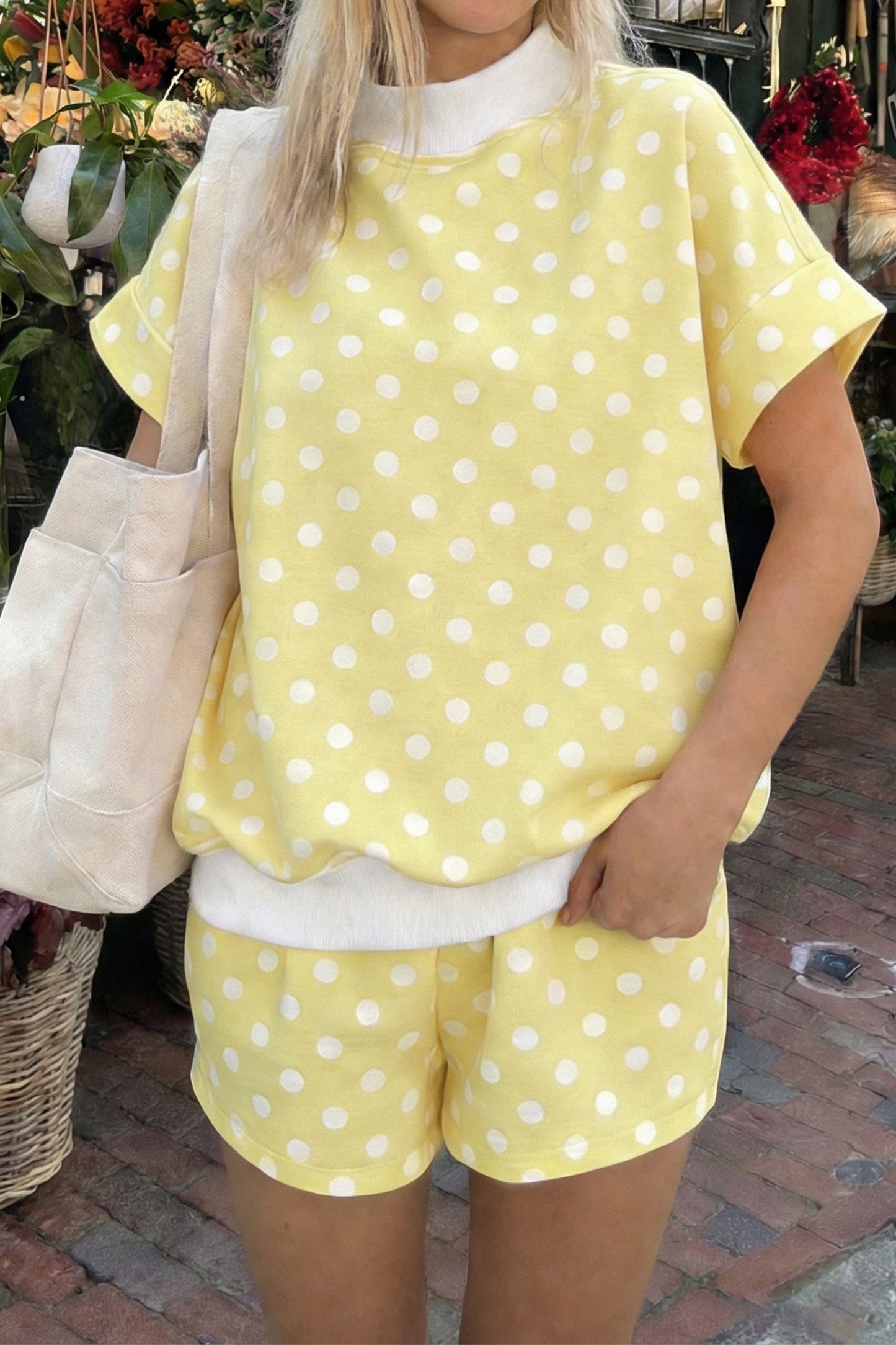 Sky Blue Polka Dot Print Color Block Trim Mock Neck Short Set-Two Piece Sets/Short Sets-[Adult]-[Female]-Yellow-S-2022 Online Blue Zone Planet