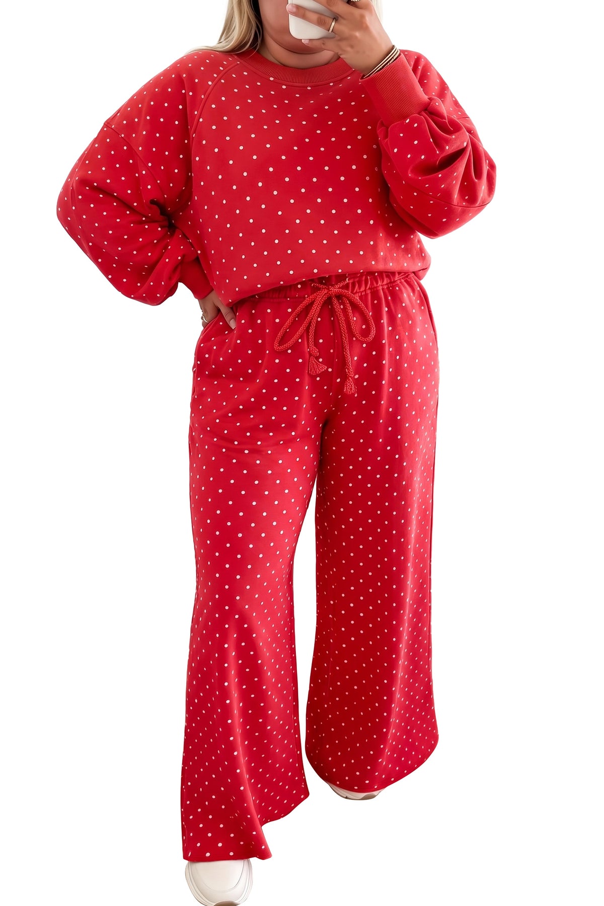 Red Polka Dot Round Neck Long Sleeve Plus Size Set-Plus Size/Plus Size Loungewear-[Adult]-[Female]-2022 Online Blue Zone Planet