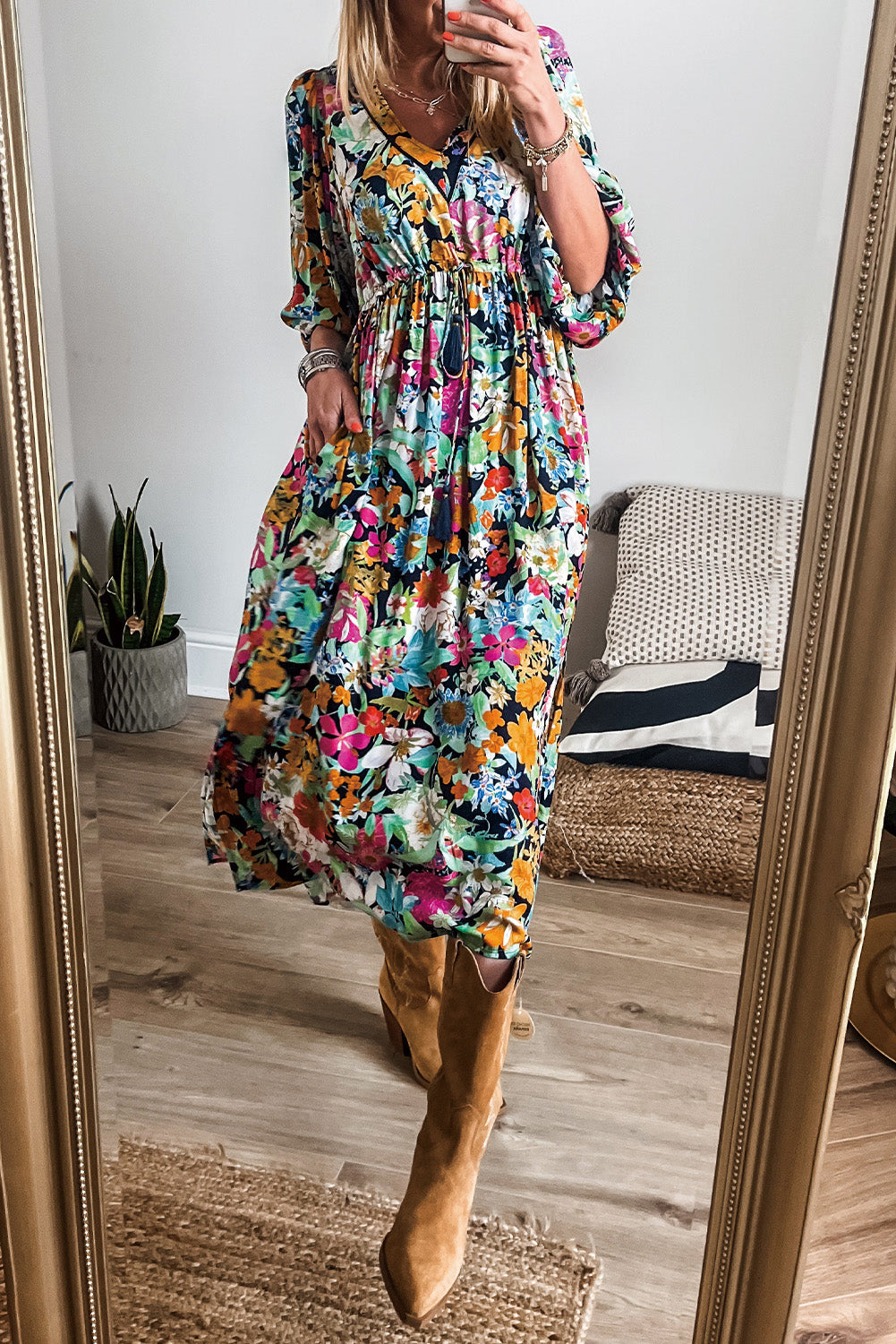 Green Boho Floral Puff Sleeve V Neck Tassel Drawstring Midi Dress-Midi Dresses-[Adult]-[Female]-2022 Online Blue Zone Planet