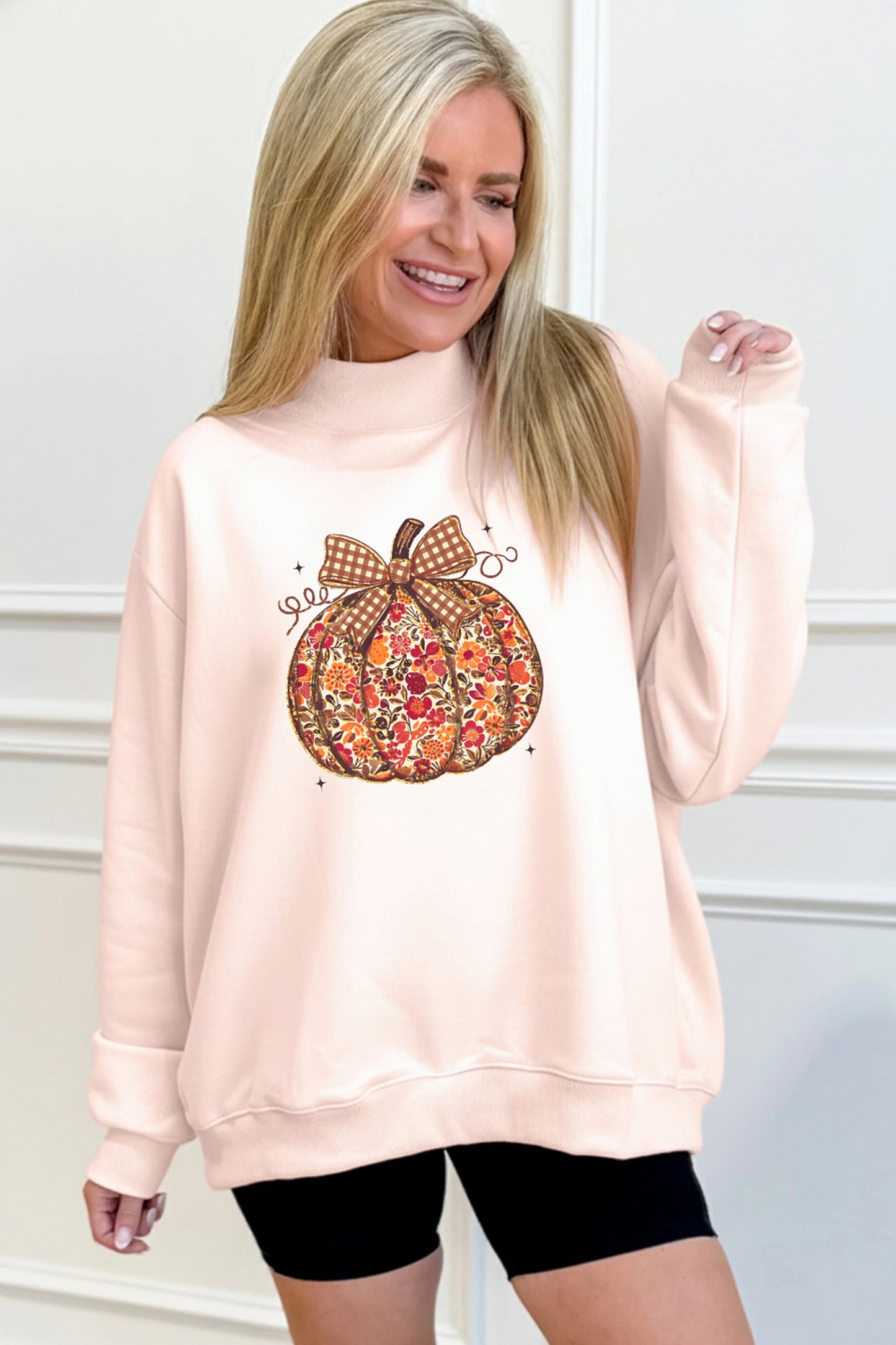 Apricot Pink Floral Pumpkin Graphic Mock Neck Oversized Sweatshirt-Graphic/Graphic Sweatshirts-[Adult]-[Female]-2022 Online Blue Zone Planet