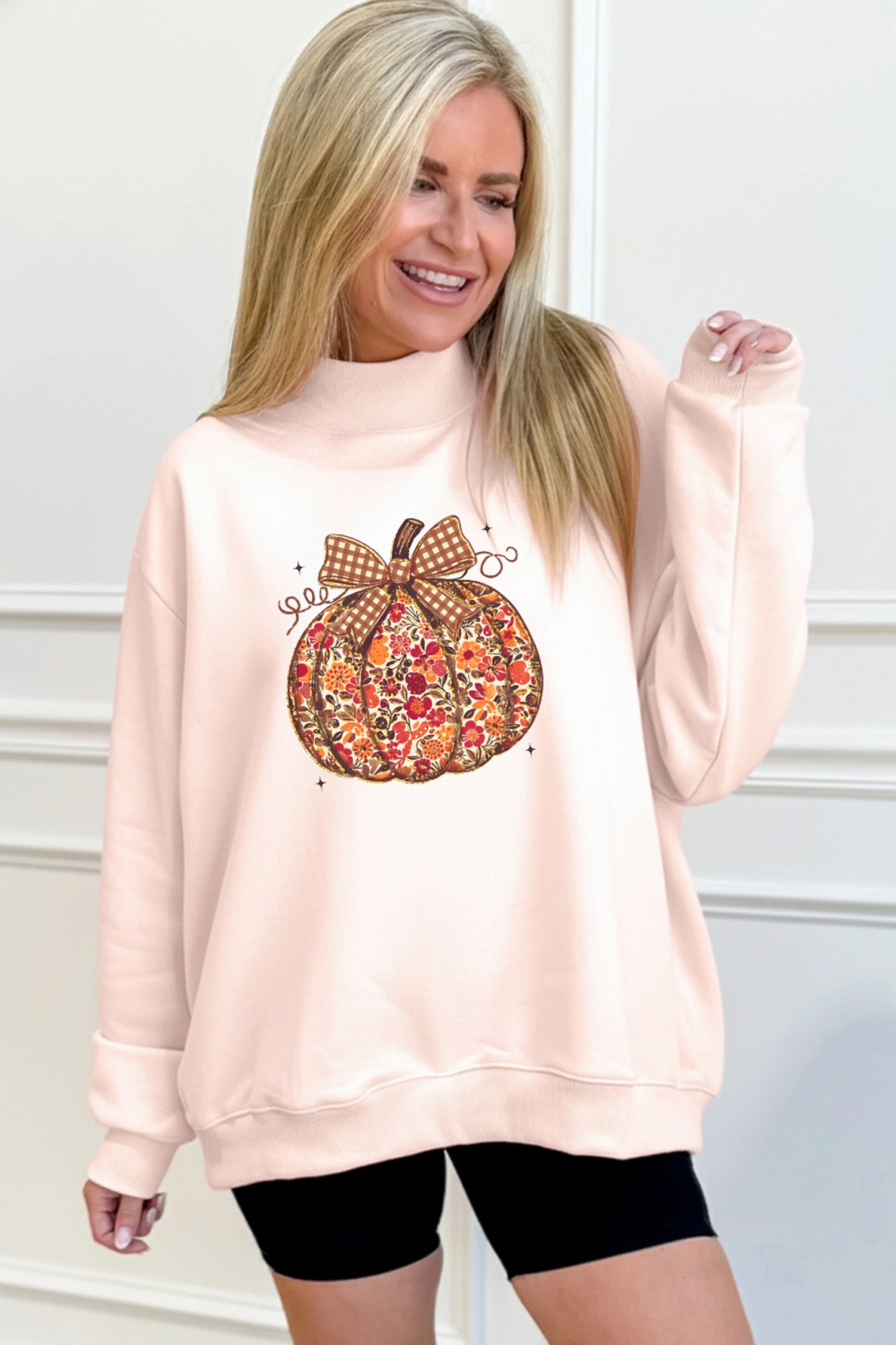 Apricot Pink Floral Pumpkin Graphic Mock Neck Oversized Sweatshirt-Graphic/Graphic Sweatshirts-[Adult]-[Female]-2022 Online Blue Zone Planet