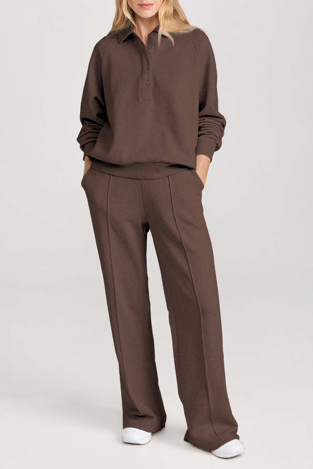 Dark Brown Solid Collared Sweatshirt and High Waist Pants Active Set-Activewear/Activewear Sets-[Adult]-[Female]-2022 Online Blue Zone Planet