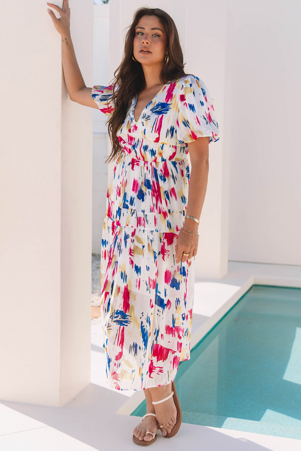 Rose Abstract Print Short Puff Sleeve Tiered Maxi Dress-TOPS / DRESSES-[Adult]-[Female]-2022 Online Blue Zone Planet
