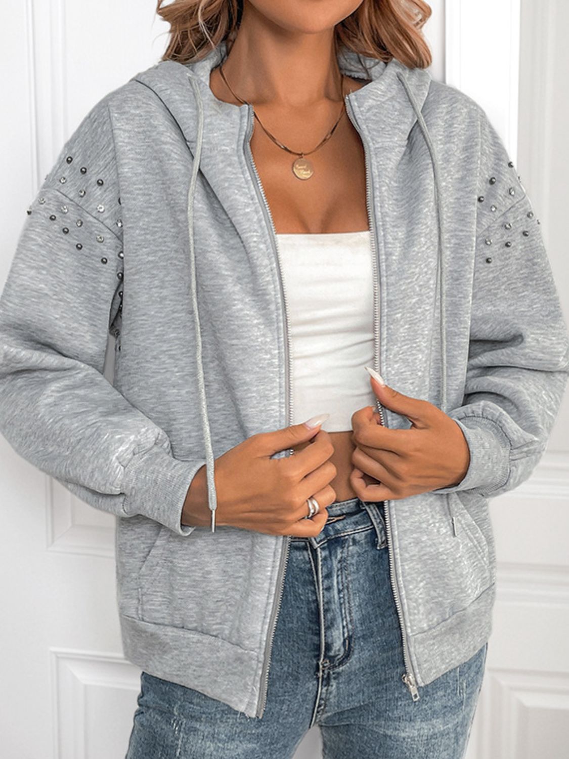 Perfee Rhinestone Zip Up Long Sleeve Hoodie-TOPS / DRESSES-[Adult]-[Female]-Light Gray-S-2022 Online Blue Zone Planet