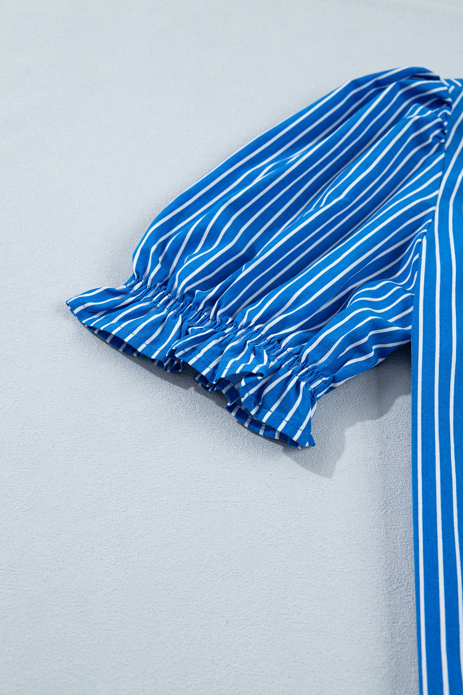 Blue Stripe Ruffled Short Puff Sleeve Button Front Blouse-Tops/Blouses & Shirts-[Adult]-[Female]-2022 Online Blue Zone Planet