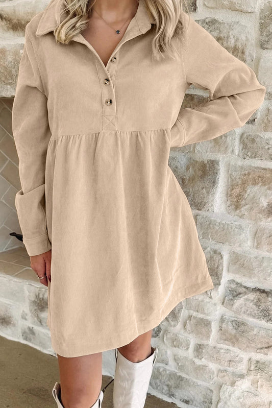 Oatmeal Corduroy Half Button Collared Long Sleeve Mini Dress-TOPS / DRESSES-[Adult]-[Female]-Oatmeal-S-2022 Online Blue Zone Planet