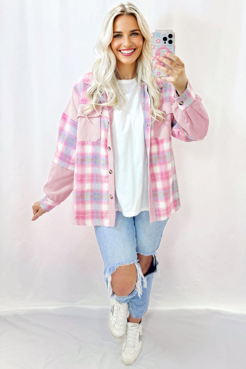 Pink Brushed Plaid Corduroy Flap Pockets Patchwork Shacket-Outerwear/Plaid Shackets-[Adult]-[Female]-2022 Online Blue Zone Planet