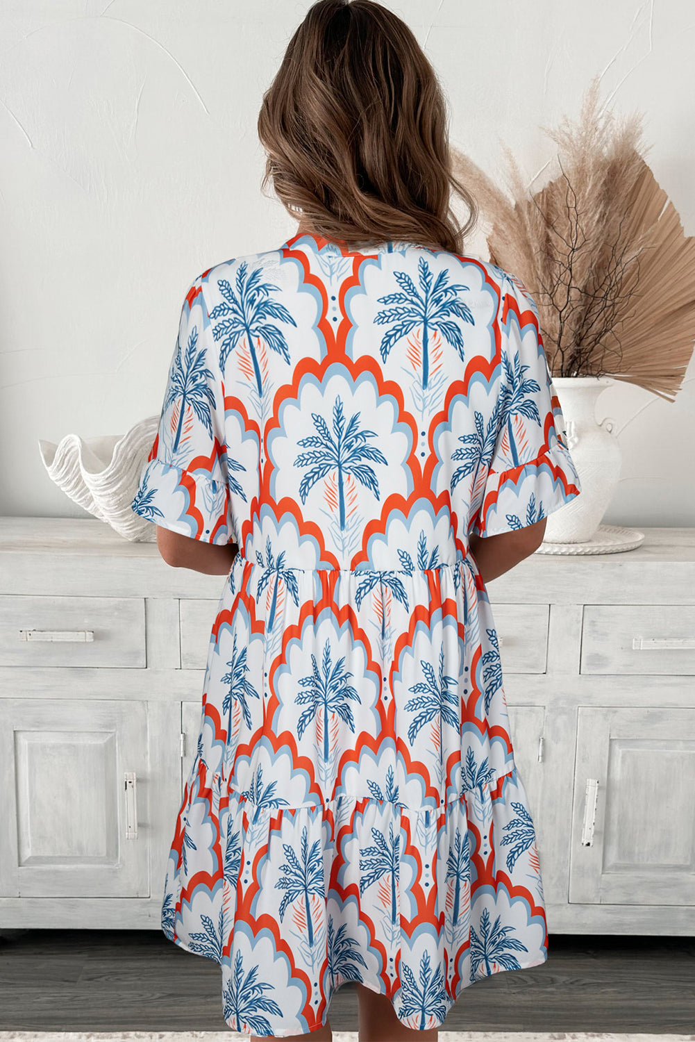 Orange Contrast Palm Tree Printed Short Sleeve Flowy Dress-Dresses/Mini Dresses-[Adult]-[Female]-2022 Online Blue Zone Planet