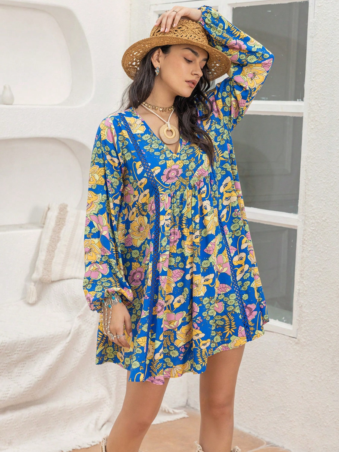 Blue Zone Planet | Printed V-Neck Balloon Sleeve Mini Dress-TOPS / DRESSES-[Adult]-[Female]-2022 Online Blue Zone Planet