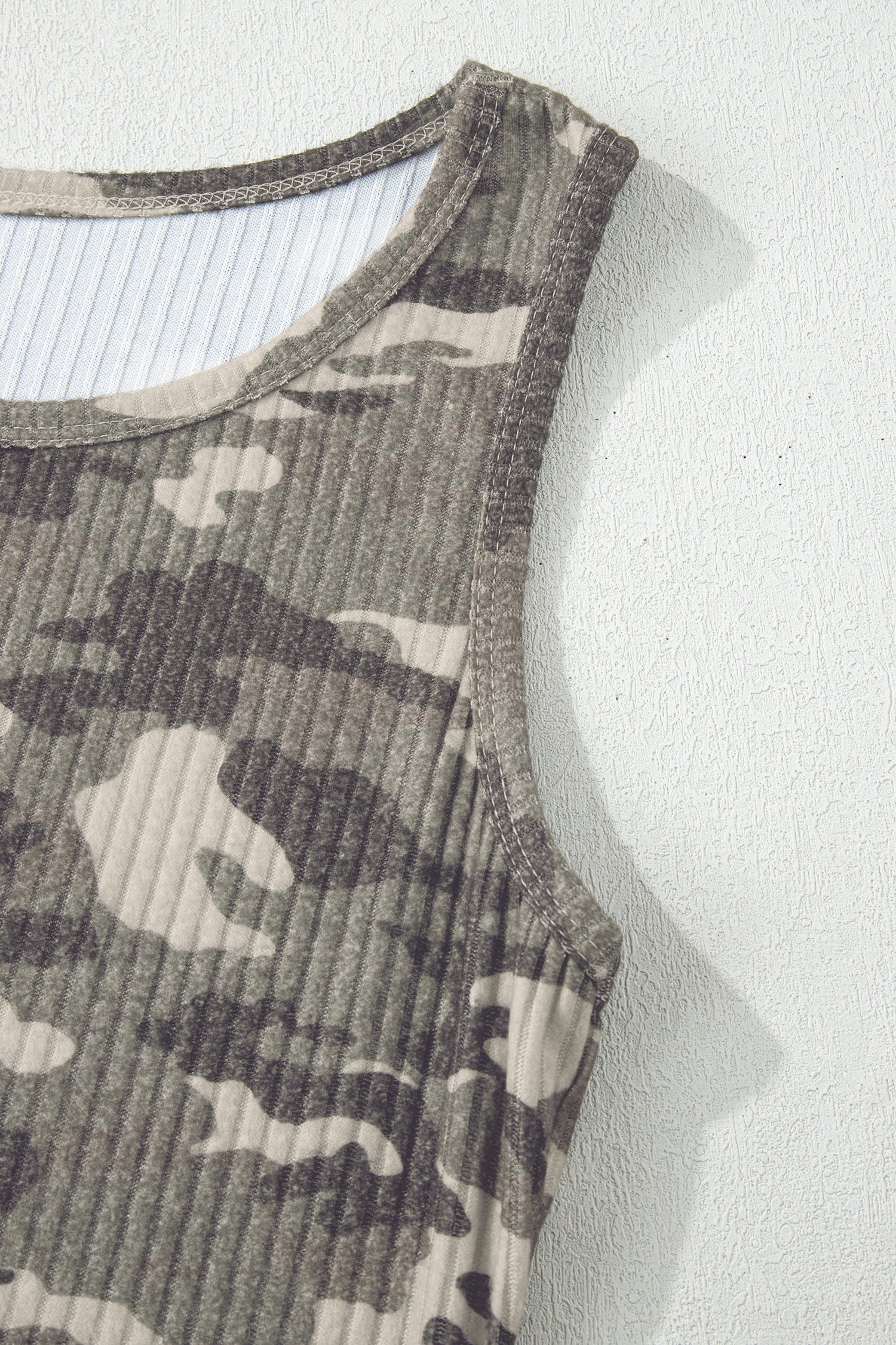 Green Camouflage Print Ribbed Knit Round Neck Tank Top-Tops/Tank Tops-[Adult]-[Female]-2022 Online Blue Zone Planet