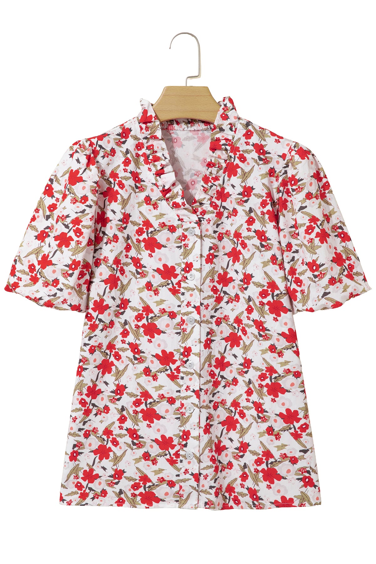Red Floral Print Short Puff Sleeve Button Front Shirt-Tops/Blouses & Shirts-[Adult]-[Female]-2022 Online Blue Zone Planet