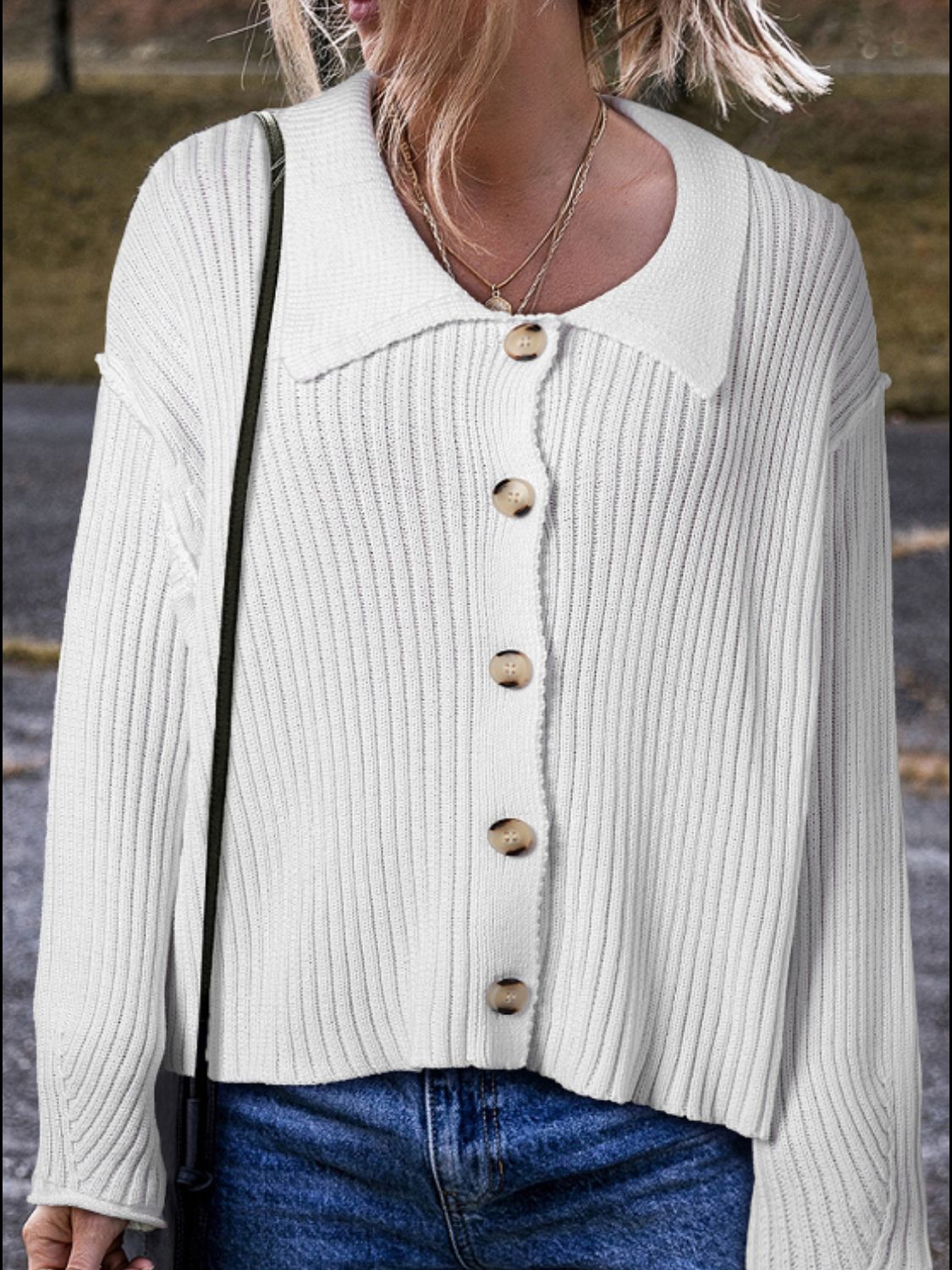 Collared Neck Button Down Long Sleeve Cardigan-TOPS / DRESSES-[Adult]-[Female]-White-S-2022 Online Blue Zone Planet