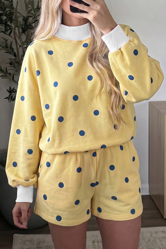 Yellow Polka Dot Ribbed Trim Long Sleeve Top Casual Short Set-Two Piece Sets/Short Sets-[Adult]-[Female]-Yellow-S-2022 Online Blue Zone Planet