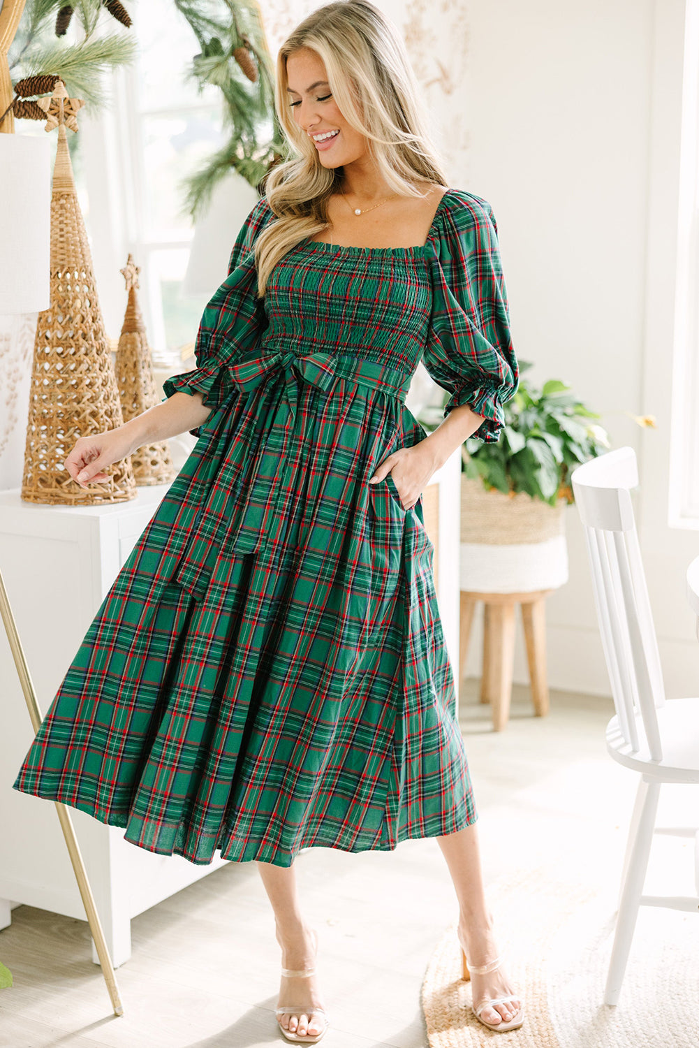Green Tartan Plaid Square Neck Puff Sleeve Knot Waist Flared Midi Dress-TOPS / DRESSES-[Adult]-[Female]-2022 Online Blue Zone Planet