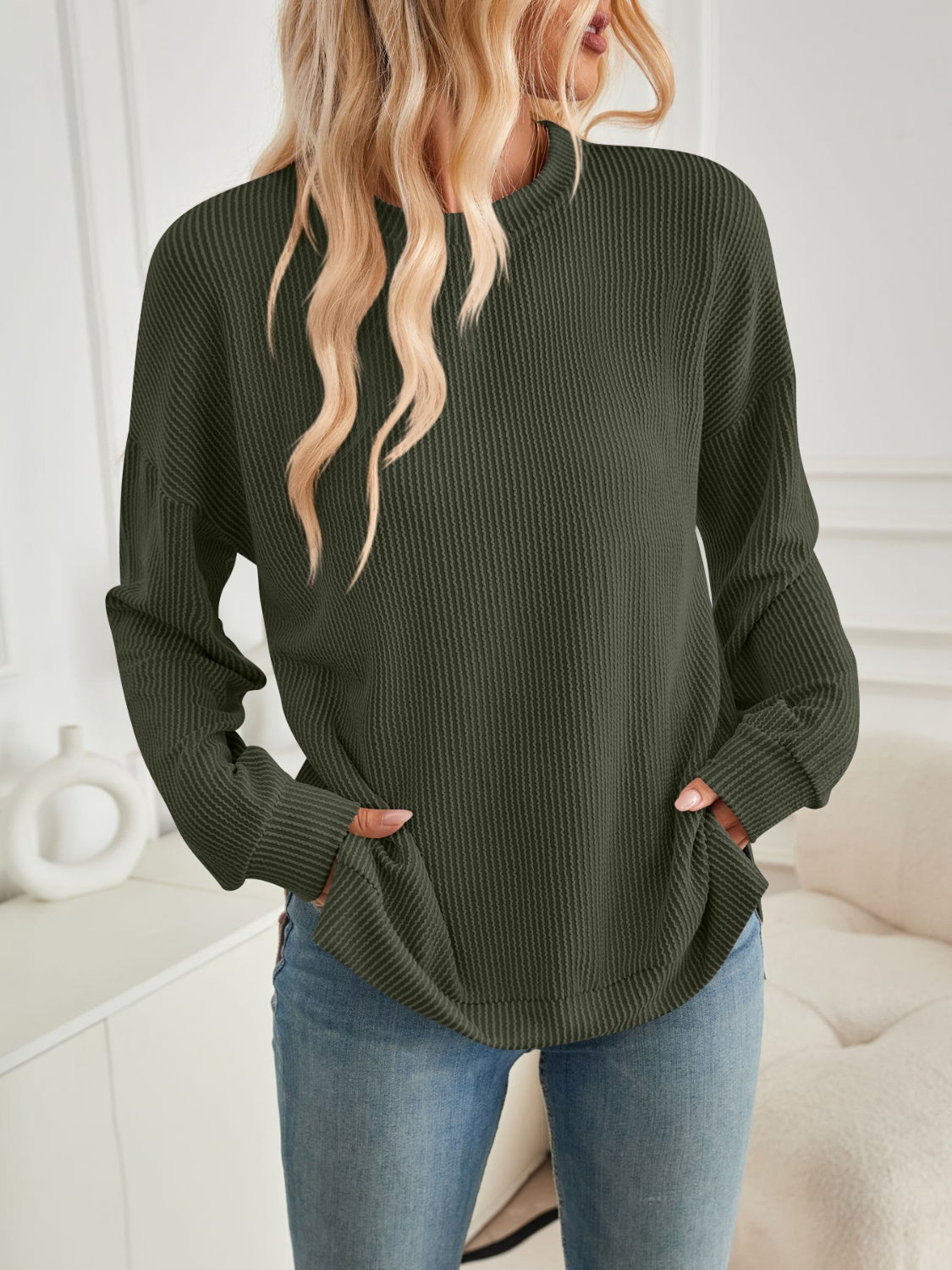 Blue Zone Planet | Lovelet Slit Round Neck Long Sleeve Sweatshirt-TOPS / DRESSES-[Adult]-[Female]-Army Green-S-2022 Online Blue Zone Planet