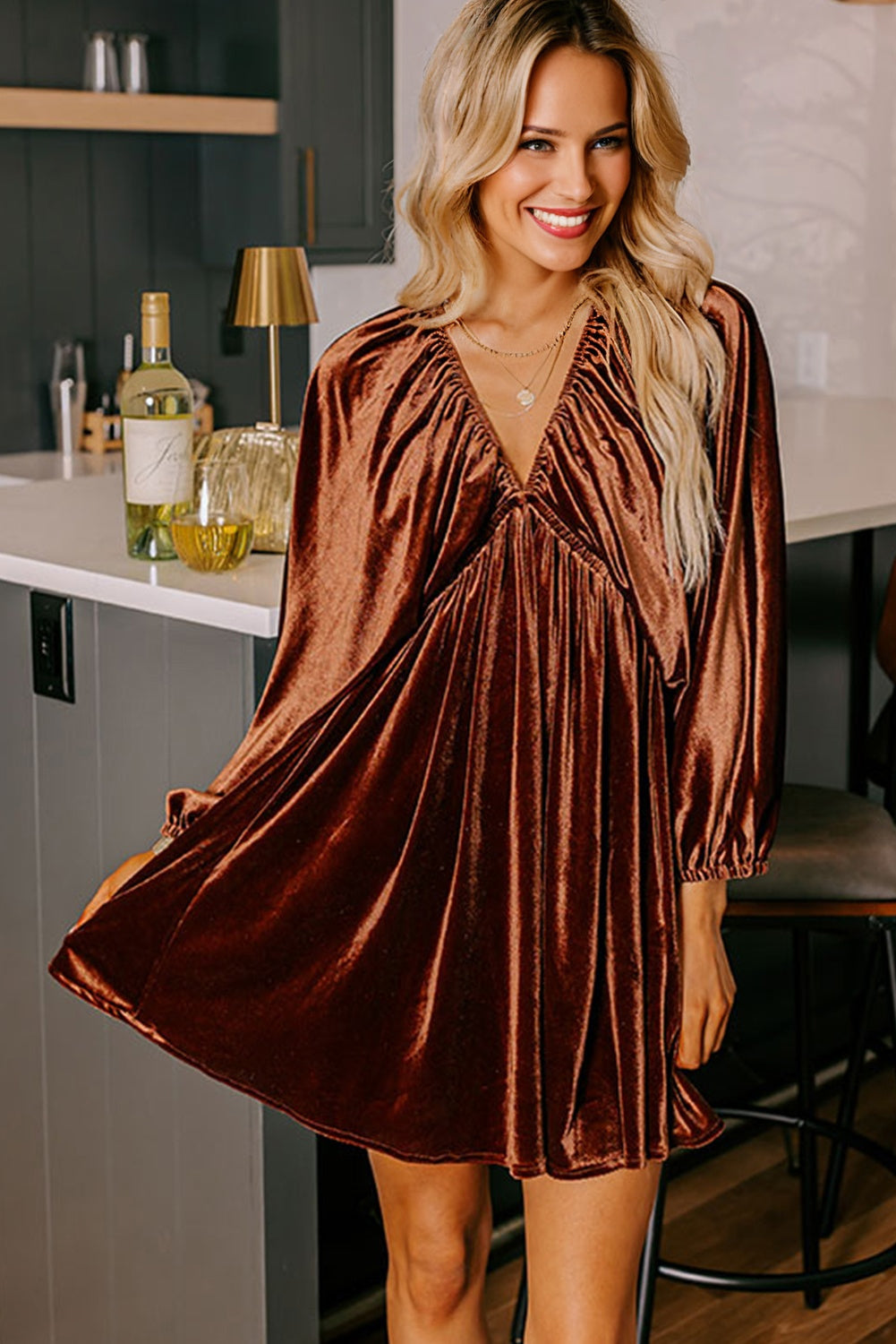 Clay Elastic V Neck Puff Sleeve Short Velvet Dress - Blue Zone Planet Clay Elastic V Neck Puff Sleeve Short Velvet Dress - Blue Zone Planet