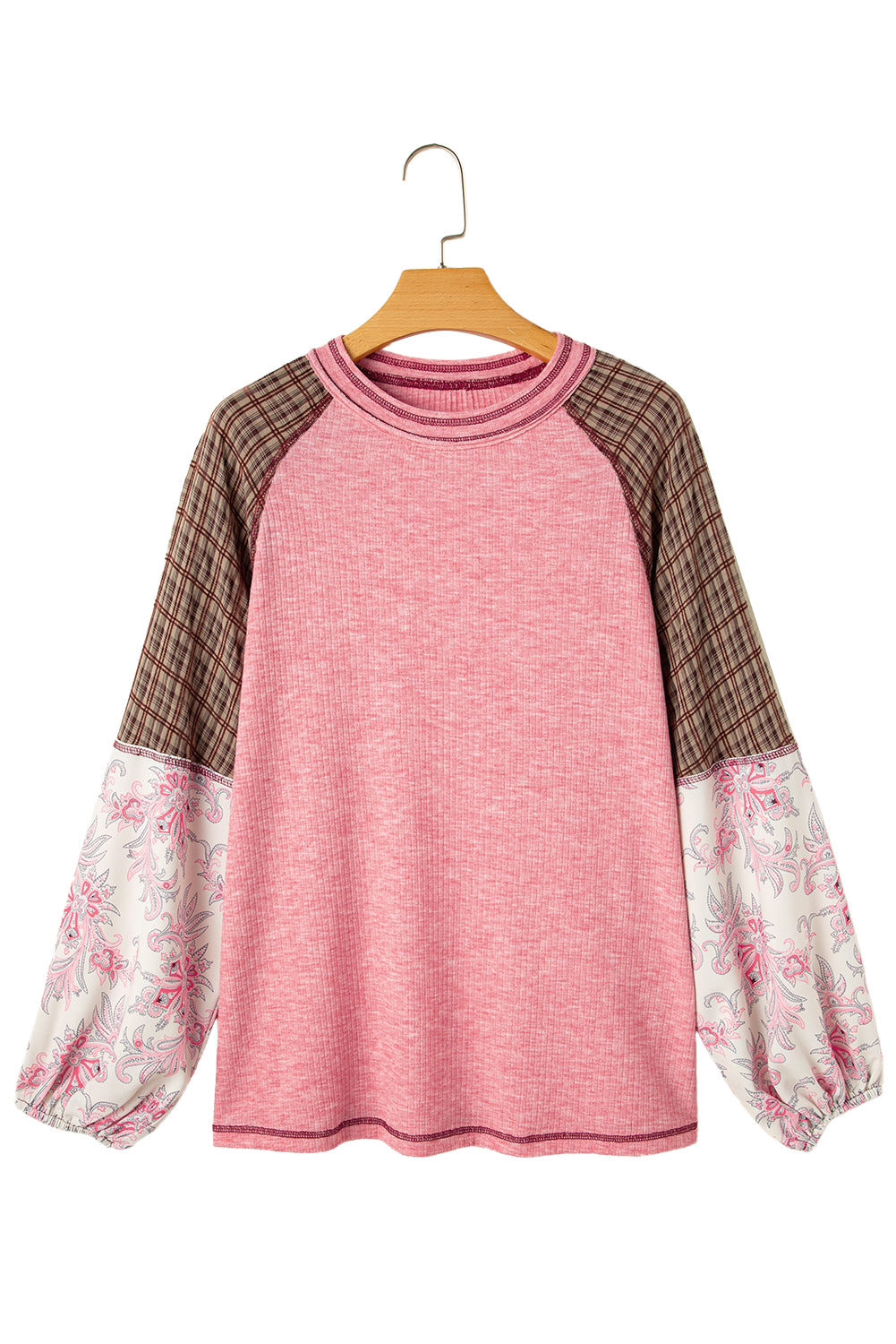 Blue Zone Planet | Fushia Floral Plaid Mixed Print Patchwork Raglan Ribbed Top-Long Sleeve Tops-[Adult]-[Female]-2022 Online Blue Zone Planet