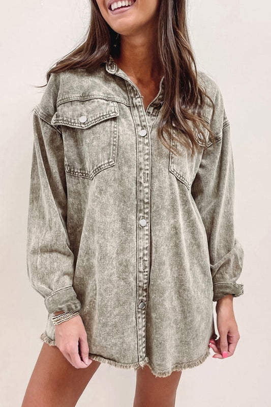 Blue Zone Planet | Sage Green Acid Wash Flap Pocket Raw Hem Tunic Denim Jacket-Outerwear/Denim jackets-[Adult]-[Female]-sage Green-S-2022 Online Blue Zone Planet