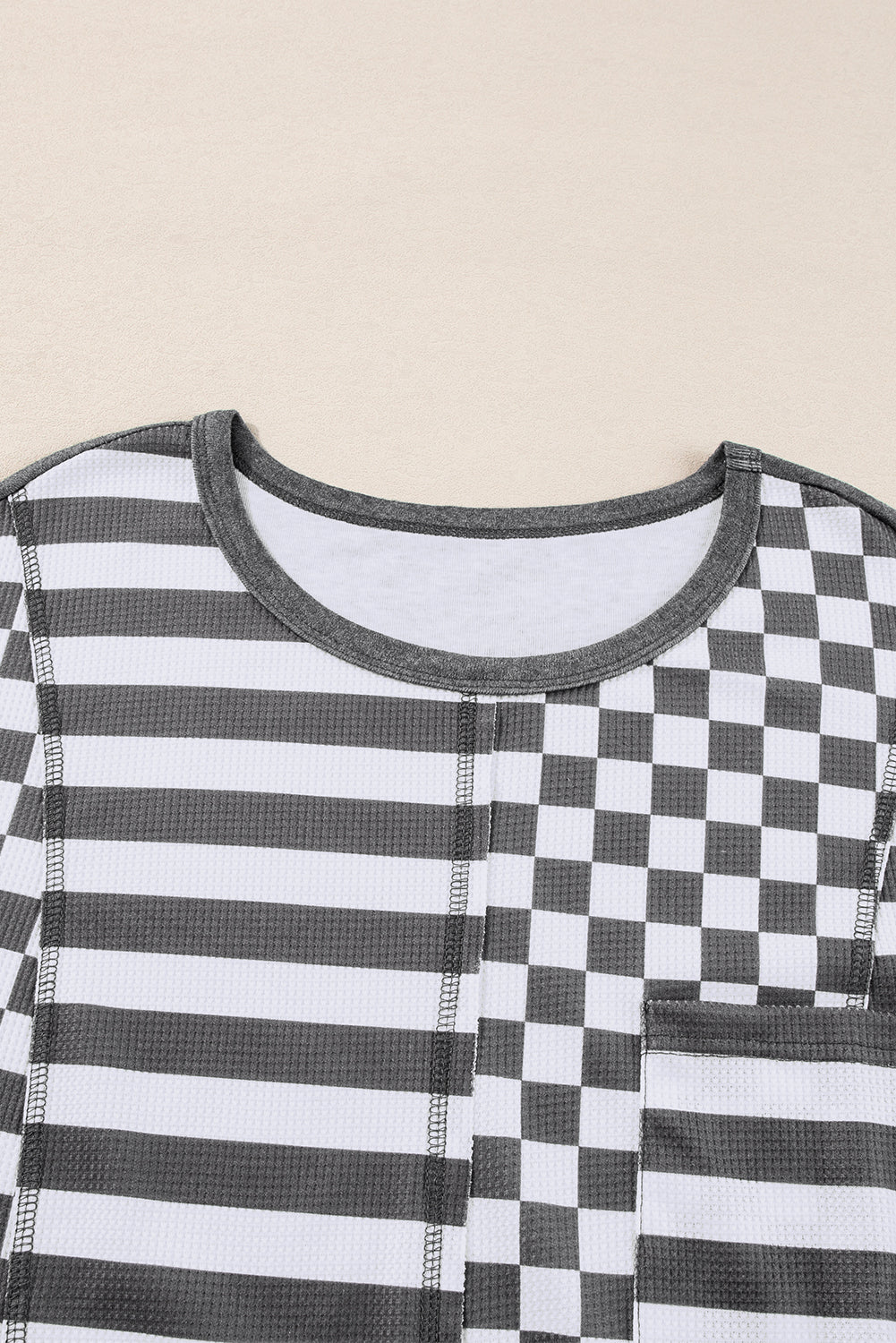 Dark Grey Checkerboard Striped Patchwork Lantern Sleeve Pocketed Blouse-Tops/Long Sleeve Tops-[Adult]-[Female]-2022 Online Blue Zone Planet