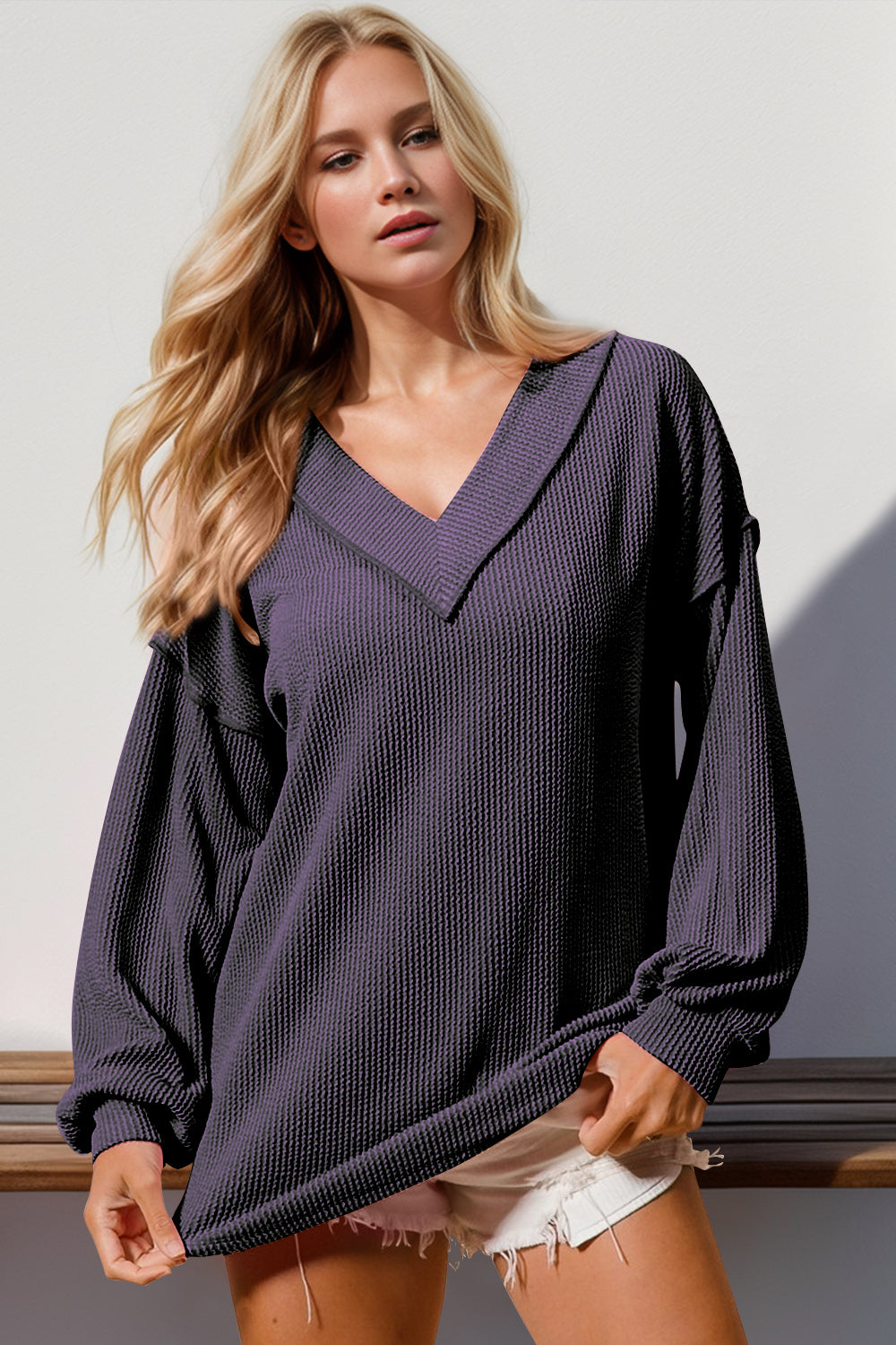 Double Take Exposed Seam Ribbed Textured V-Neck Long Sleeve T-Shirt-TOPS / DRESSES-[Adult]-[Female]-Purple-S-2022 Online Blue Zone Planet