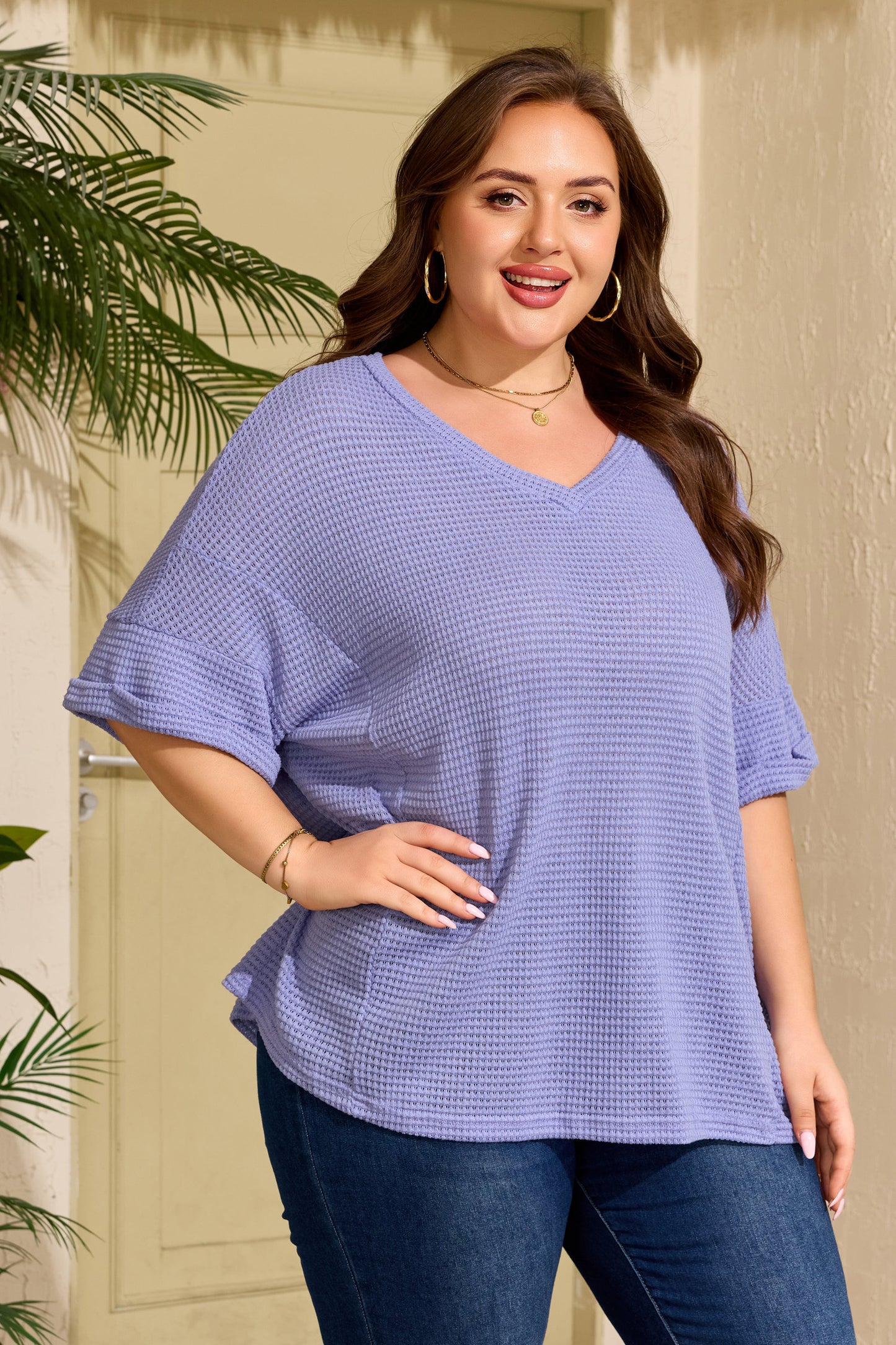 Wisteria V Neck Short Sleeve Plus Size Waffle Knit Top-Plus Size/Plus Size Tops/Plus Size Tops & Tees-[Adult]-[Female]-2022 Online Blue Zone Planet
