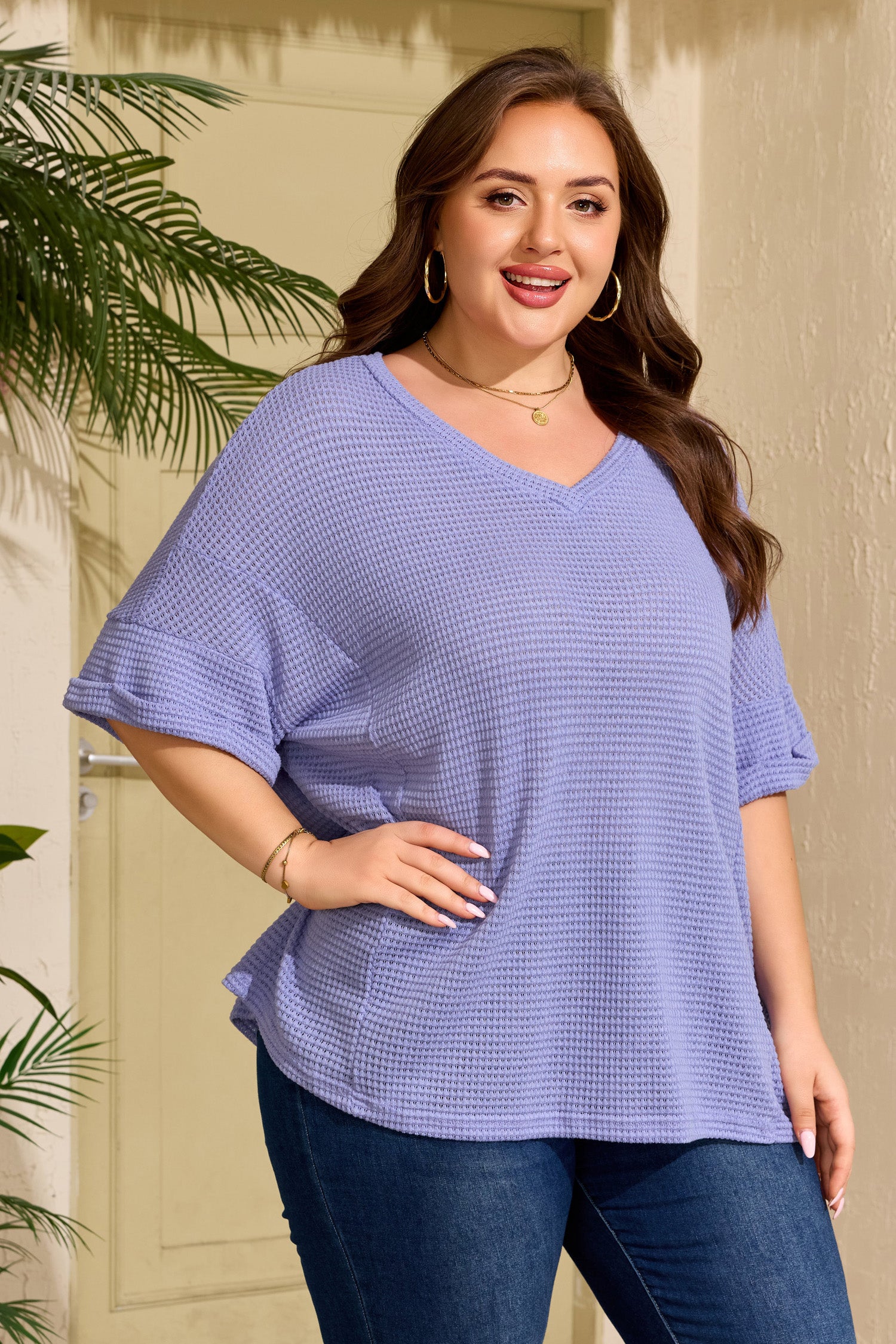 Wisteria V Neck Short Sleeve Plus Size Waffle Knit Top-Plus Size/Plus Size Tops/Plus Size Tops & Tees-[Adult]-[Female]-2022 Online Blue Zone Planet