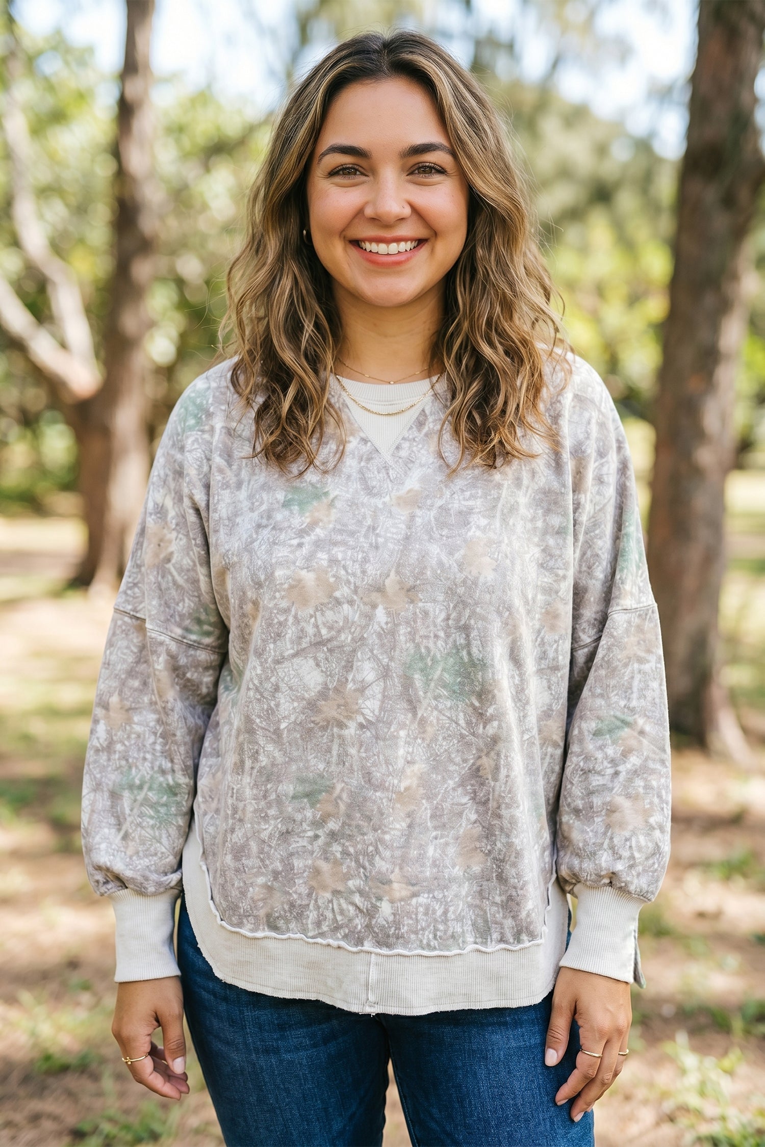 Khaki Camouflage Print Round Neck Long Sleeve Shift Plus Size Sweatshirt-Plus Size/Plus Size Sweatshirts & Hoodies-[Adult]-[Female]-2022 Online Blue Zone Planet
