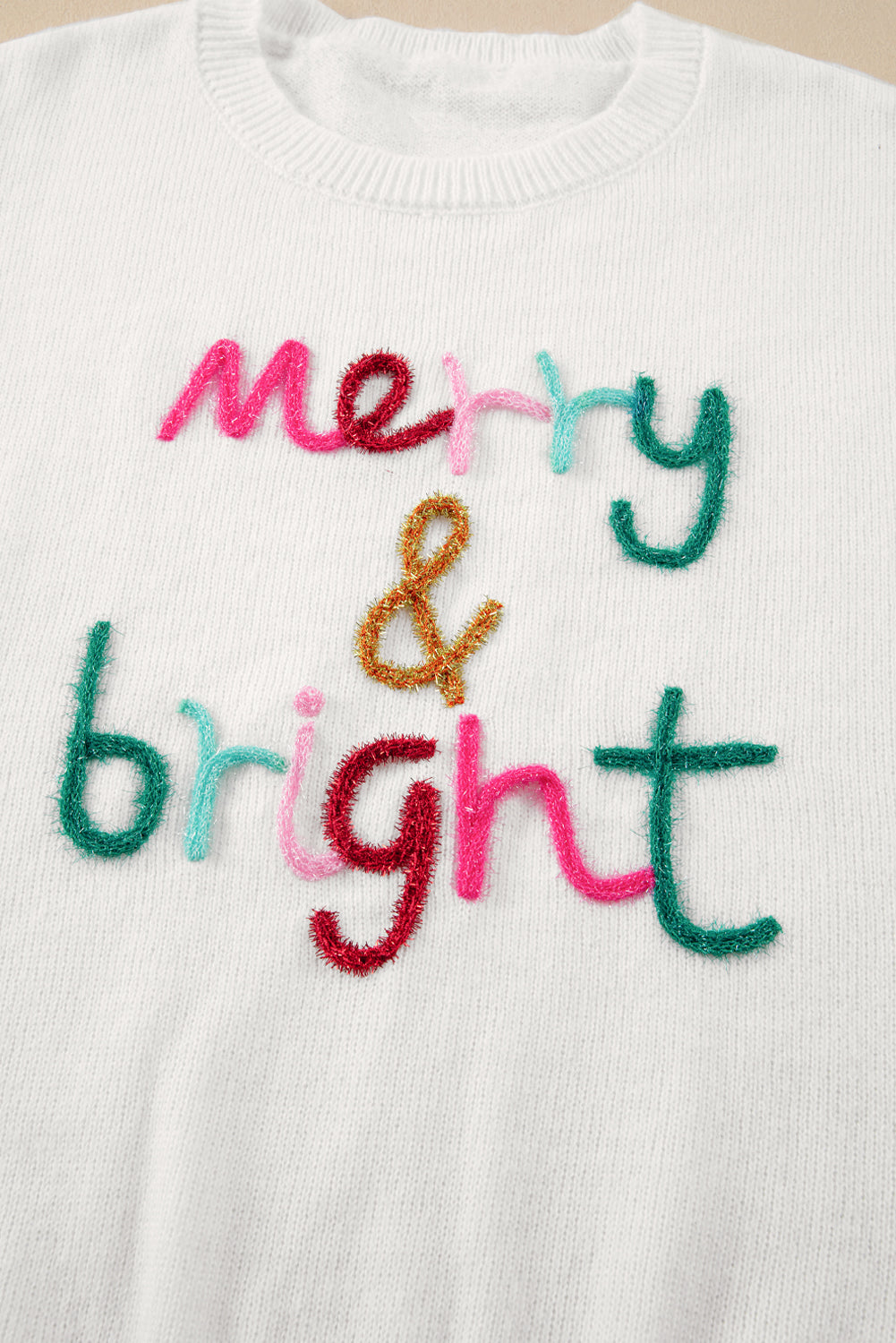 White Glitter Merry & Bright Round Neck Knit Sweater-Sweaters-[Adult]-[Female]-2022 Online Blue Zone Planet