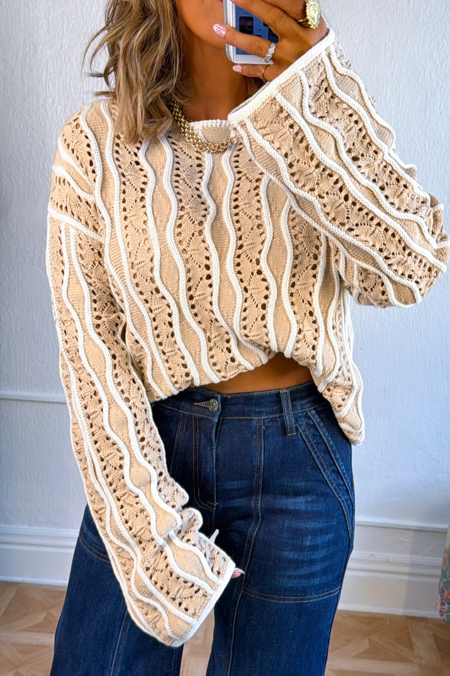Khaki Wavy Detail Hollow Out Knit Long Sleeve Cotton Pullover Sweater-Sweaters & Cardigans/Sweaters-[Adult]-[Female]-2022 Online Blue Zone Planet
