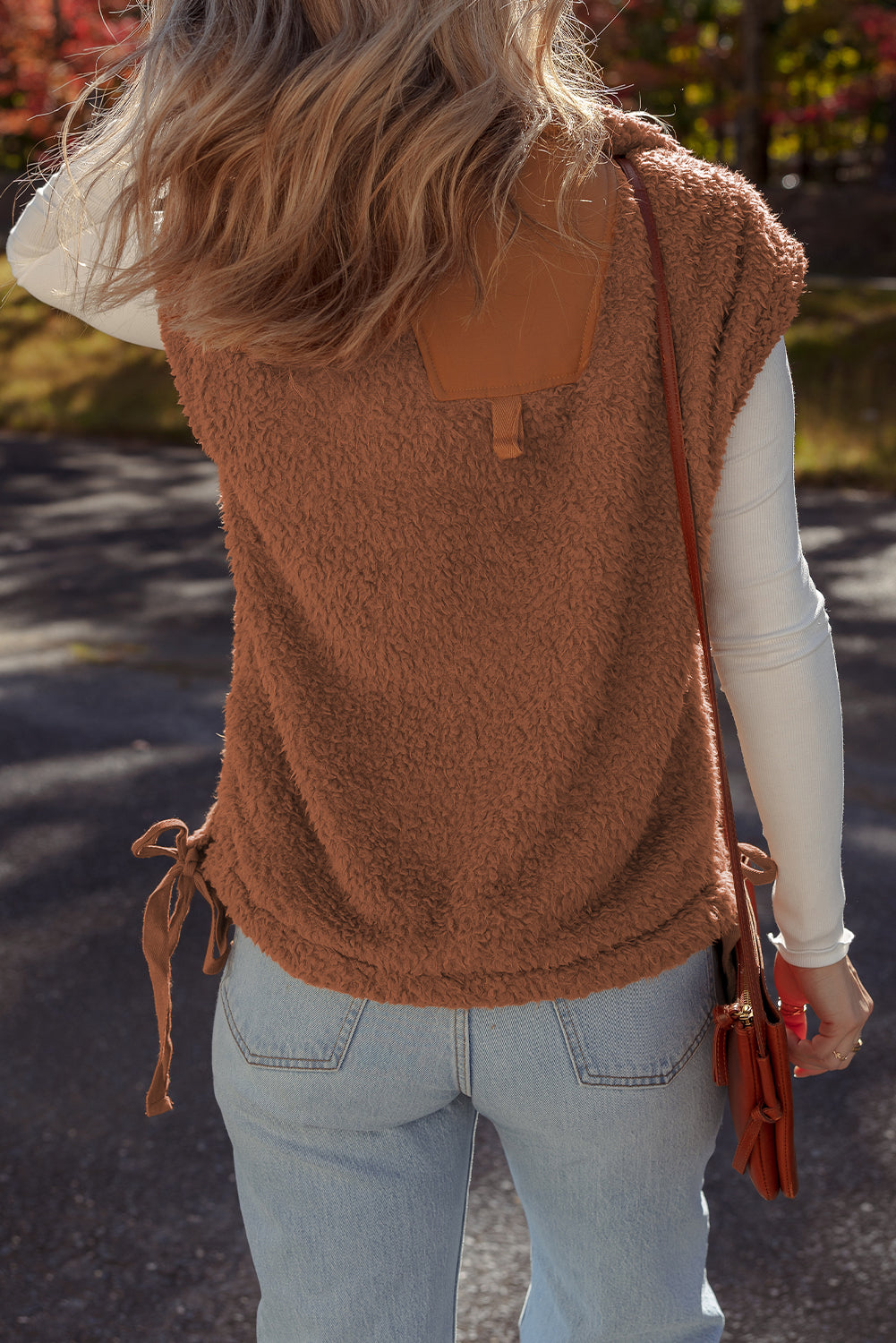 Cinnamon Faux Fur Snap Button Front Knot Side Plush Vest With Pockets-Outerwear/Vests-[Adult]-[Female]-2022 Online Blue Zone Planet