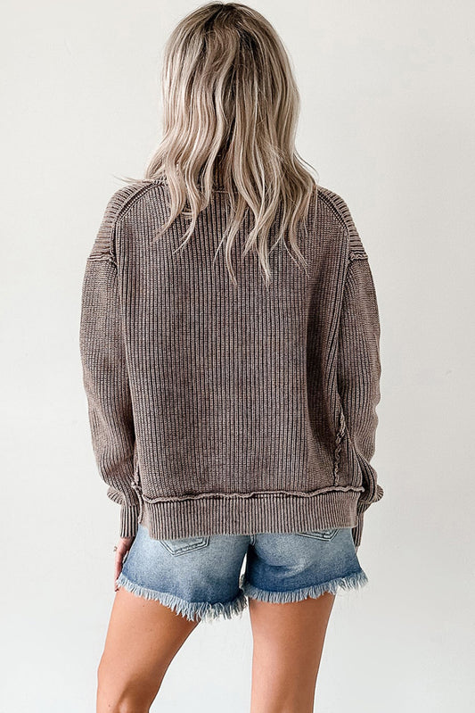 Dark Brown Mineral Wash Exposed Seam Patchwork Knit Open Sweater Cardigan-TOPS / DRESSES-[Adult]-[Female]-2022 Online Blue Zone Planet