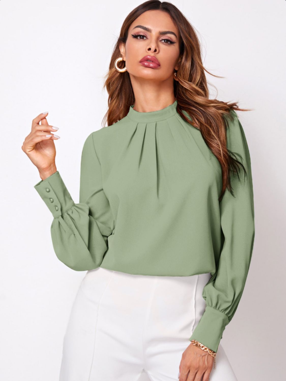 Blue Zone Planet | Ruched Mock Neck Long Sleeve Blouse-TOPS / DRESSES-[Adult]-[Female]-Gum Leaf-XS-2022 Online Blue Zone Planet