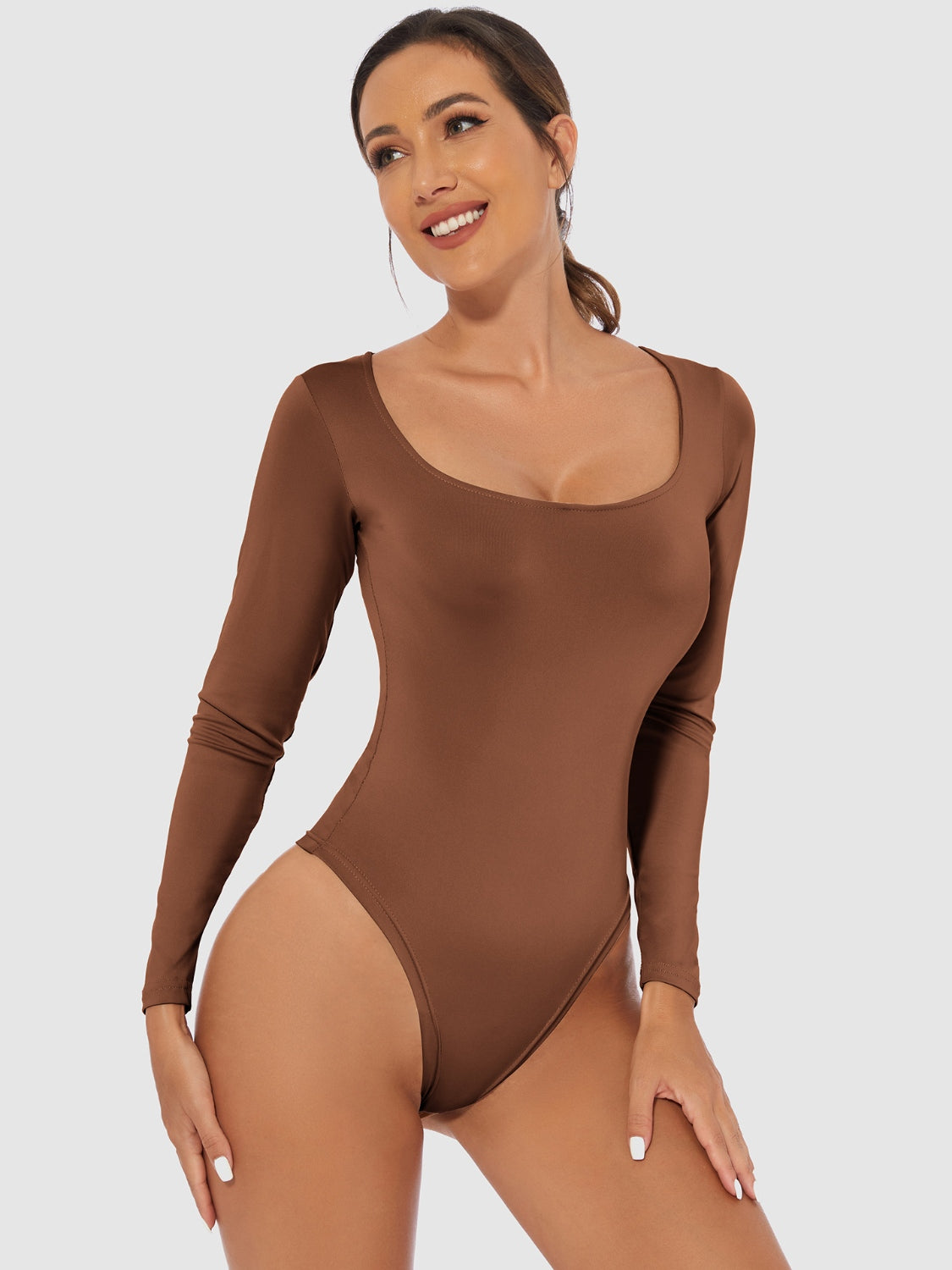 Full Size Scoop Neck Long Sleeve Bodysuit-TOPS / DRESSES-[Adult]-[Female]-Brown-S-2022 Online Blue Zone Planet